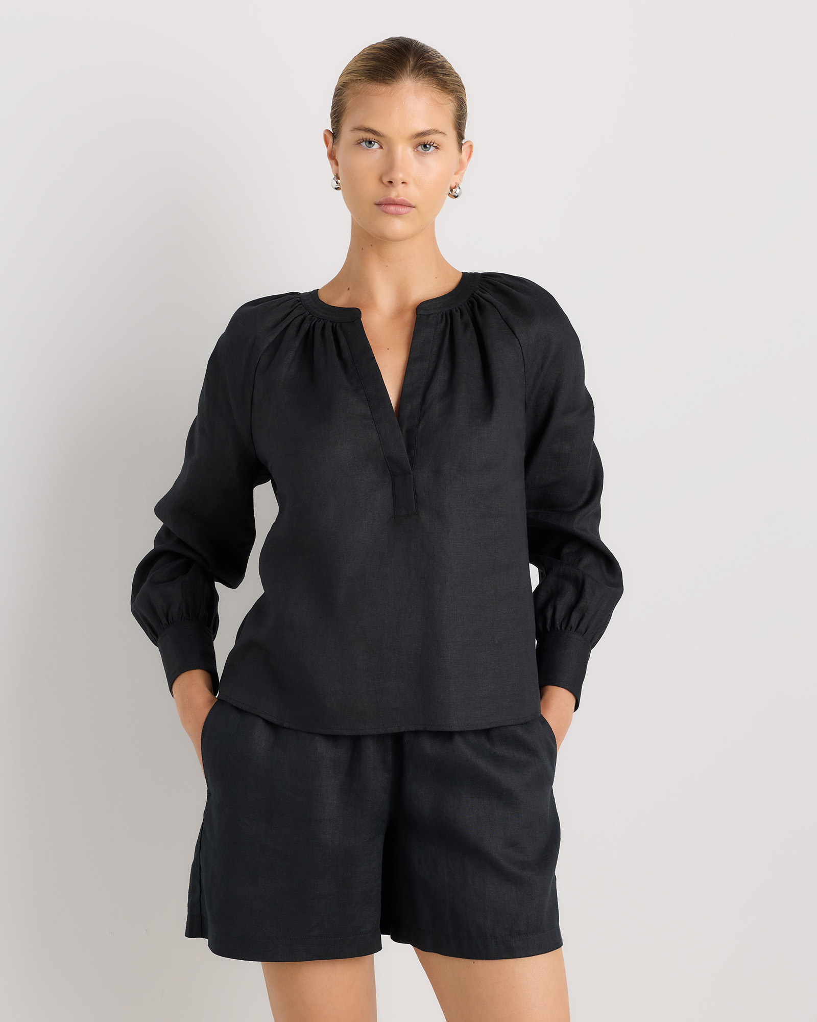 Black 100% European Linen Peasant Top