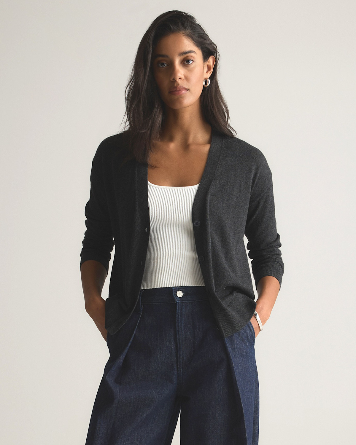 Quince Lightweight Cotton Cashmere Cardigan in Heather Charcoal