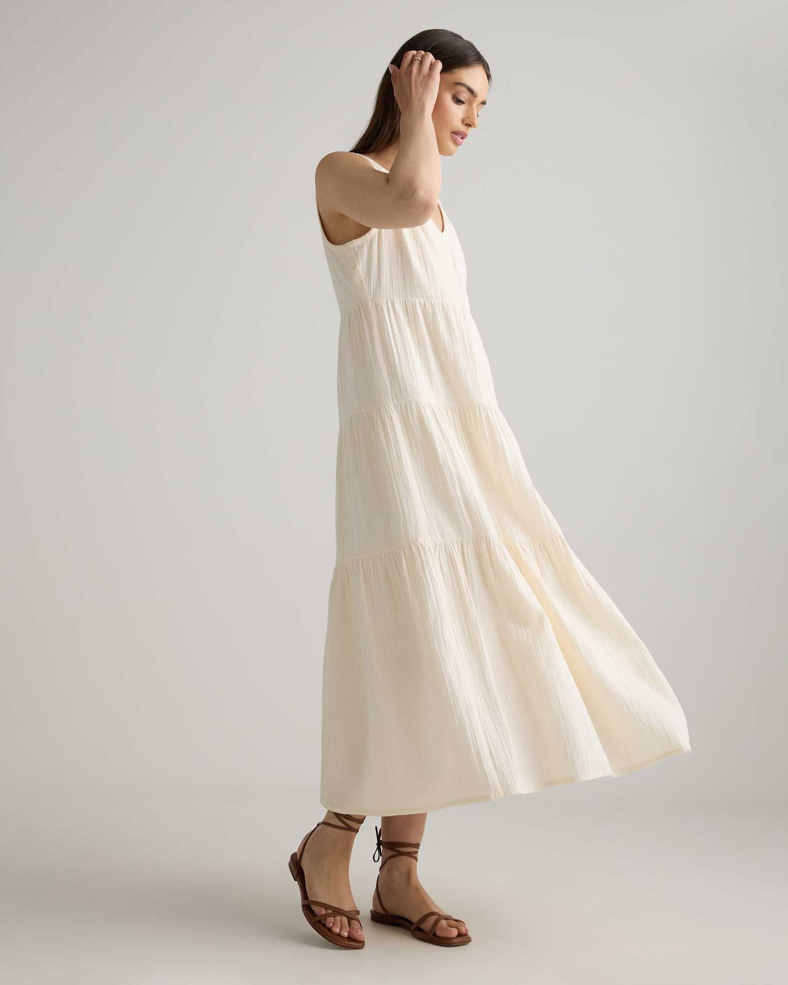 Quince Women's Organic Cotton Gauze Tiered Maxi Dress, Vintage Cream, Size XL - V-Neck, Flowy Bodice Quince Women's Organic Cotton Gauze Tiered Maxi Dress, Vintage Cream, Size XL - V-Neck, Flowy Bodice