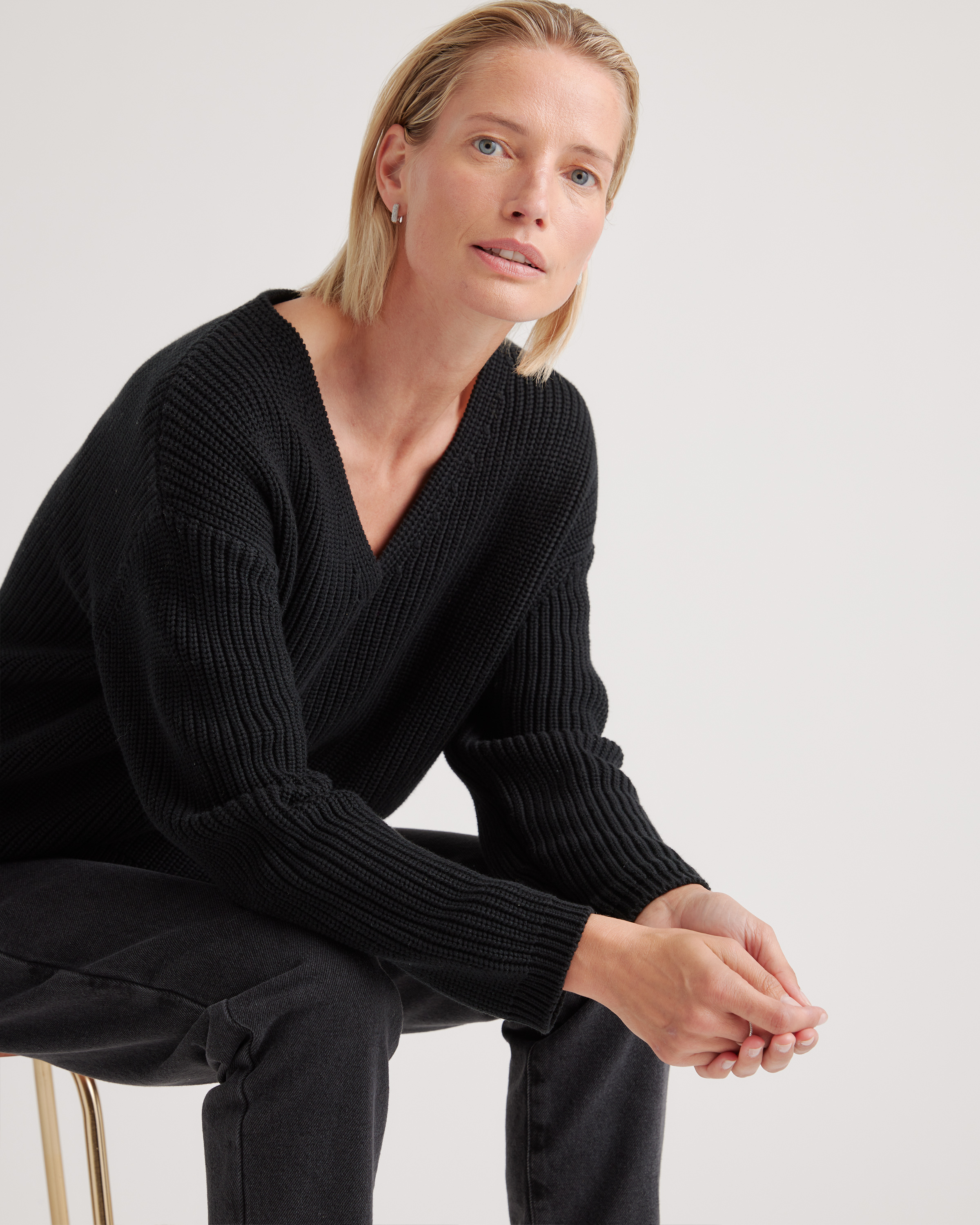 100% Organic Cotton Fisherman V-Neck Sweater in Black | Quince Canada