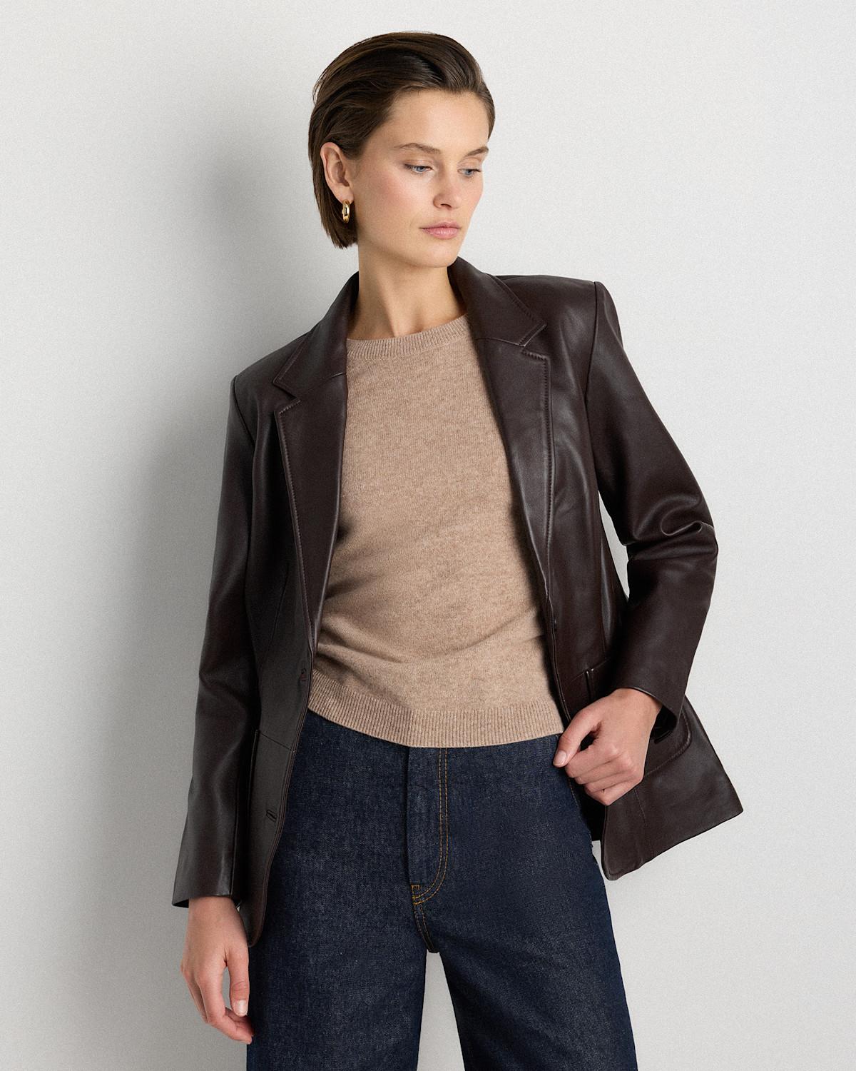 Quince 100% Leather Blazer in Rich Brown