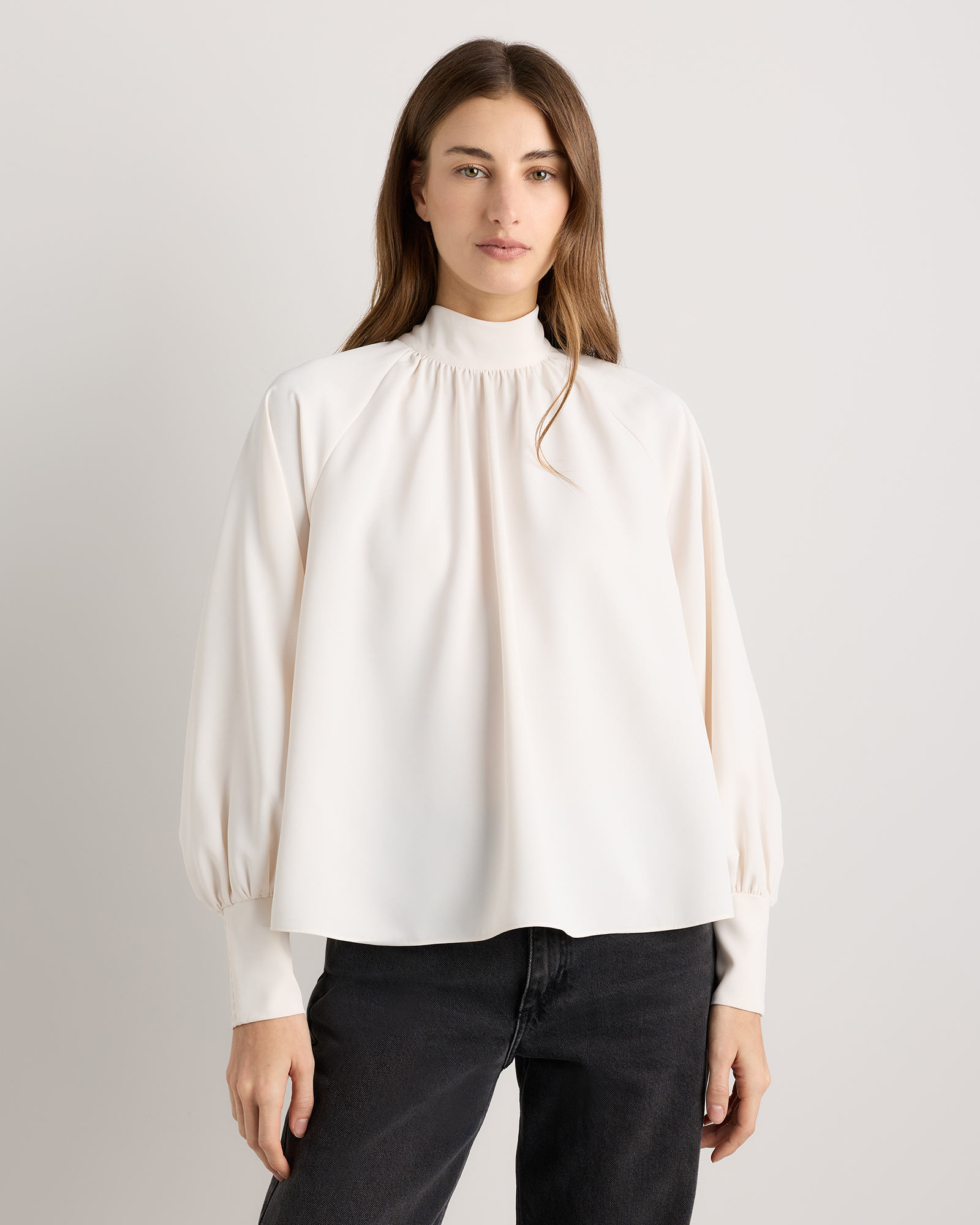 Ivory Drapey Chiffon Mock Neck Long Sleeve Blouse