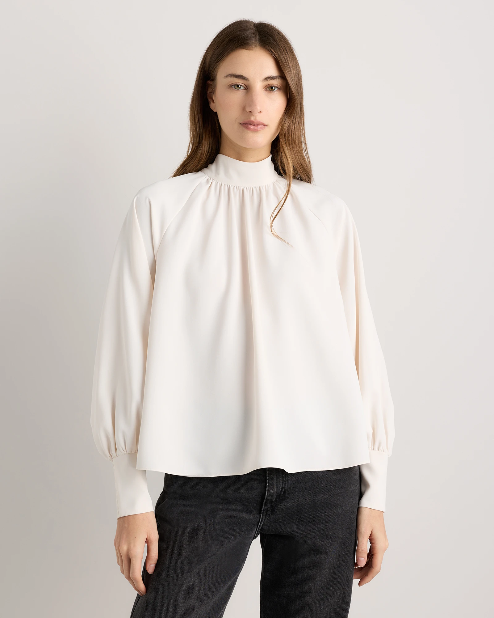 Drapey Chiffon Mock Neck Long Sleeve Blouse