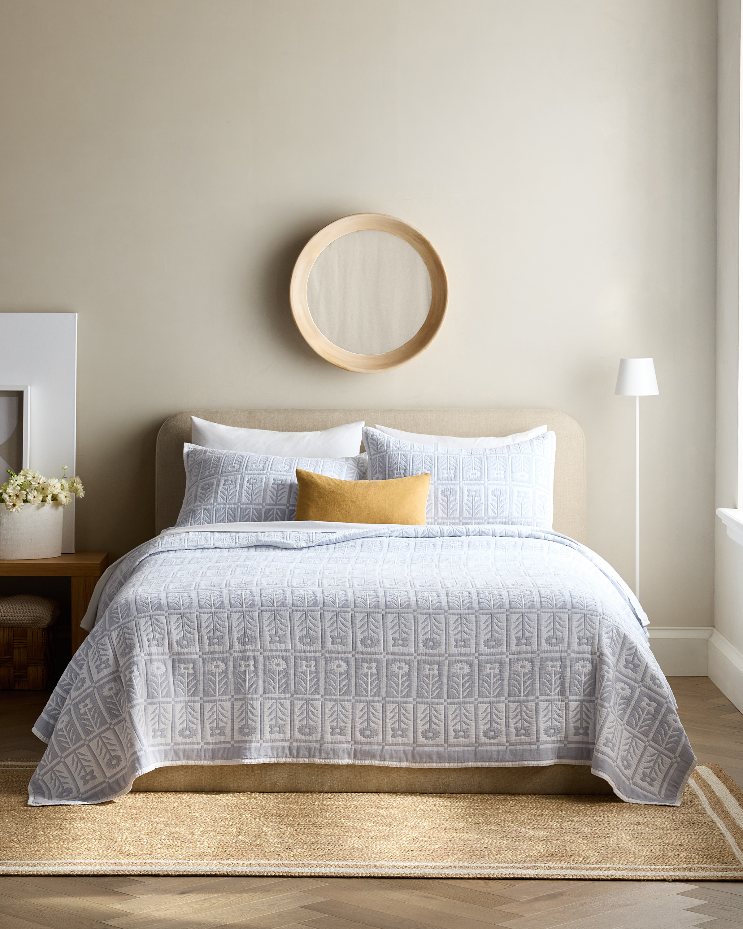 Blue Fog Organic Cotton Jacquard Floral Coverlet Set