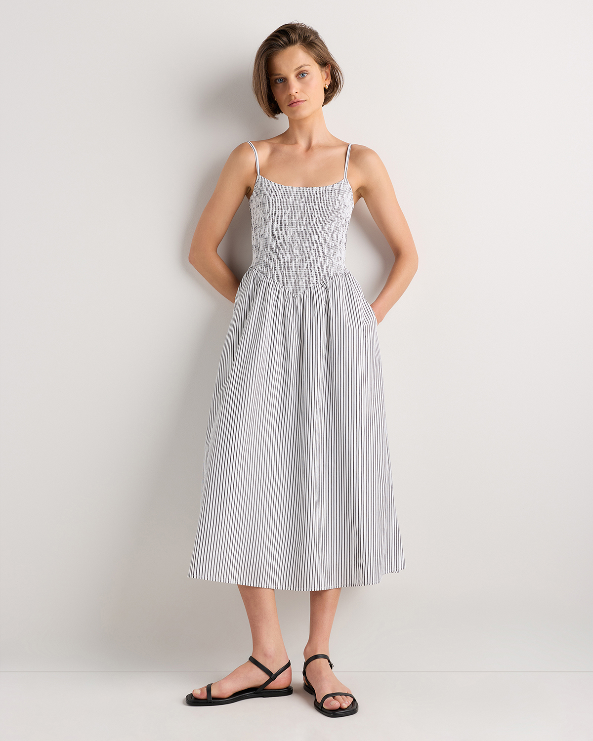 Steel Grey Soho Stripe 100% Organic Cotton Poplin Drop Waist Midi Dress