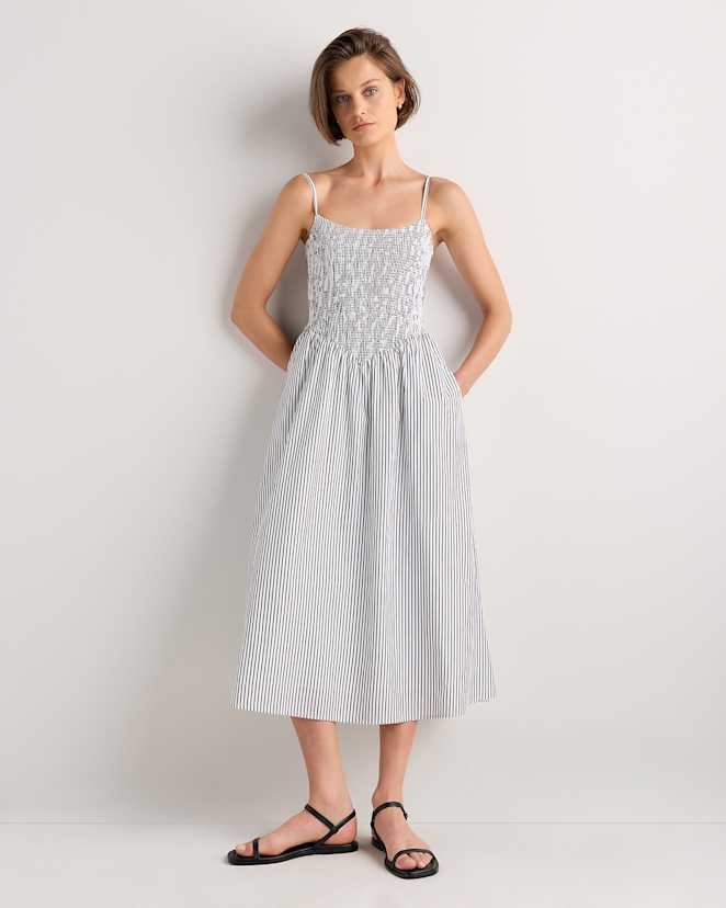Steel Grey Soho Stripe 100% Organic Cotton Poplin Drop Waist Midi Dress