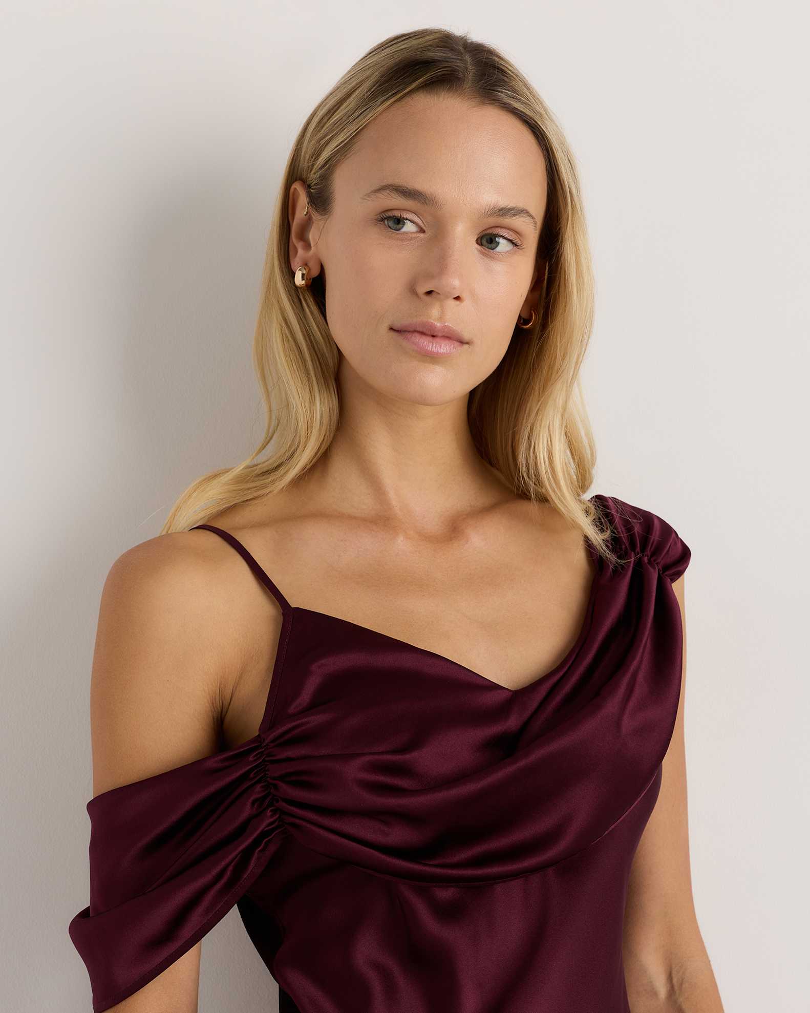 100% Washable Silk Draped Shoulder Maxi Dress in Wine Tasting Red 100% Washable Silk Draped Shoulder Maxi Dress in Wine Tasting Red