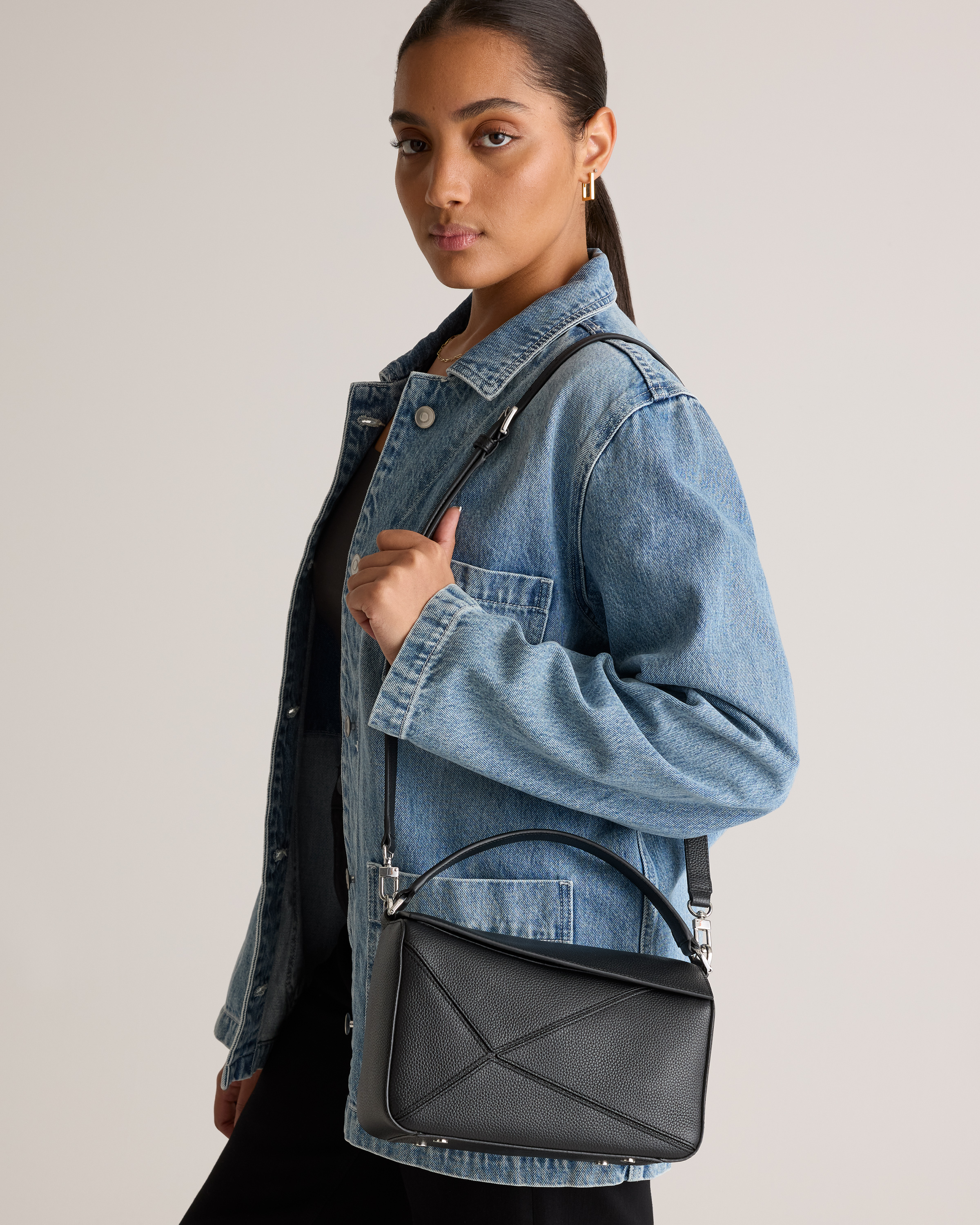 Italian Leather Patchwork Crossbody in Black