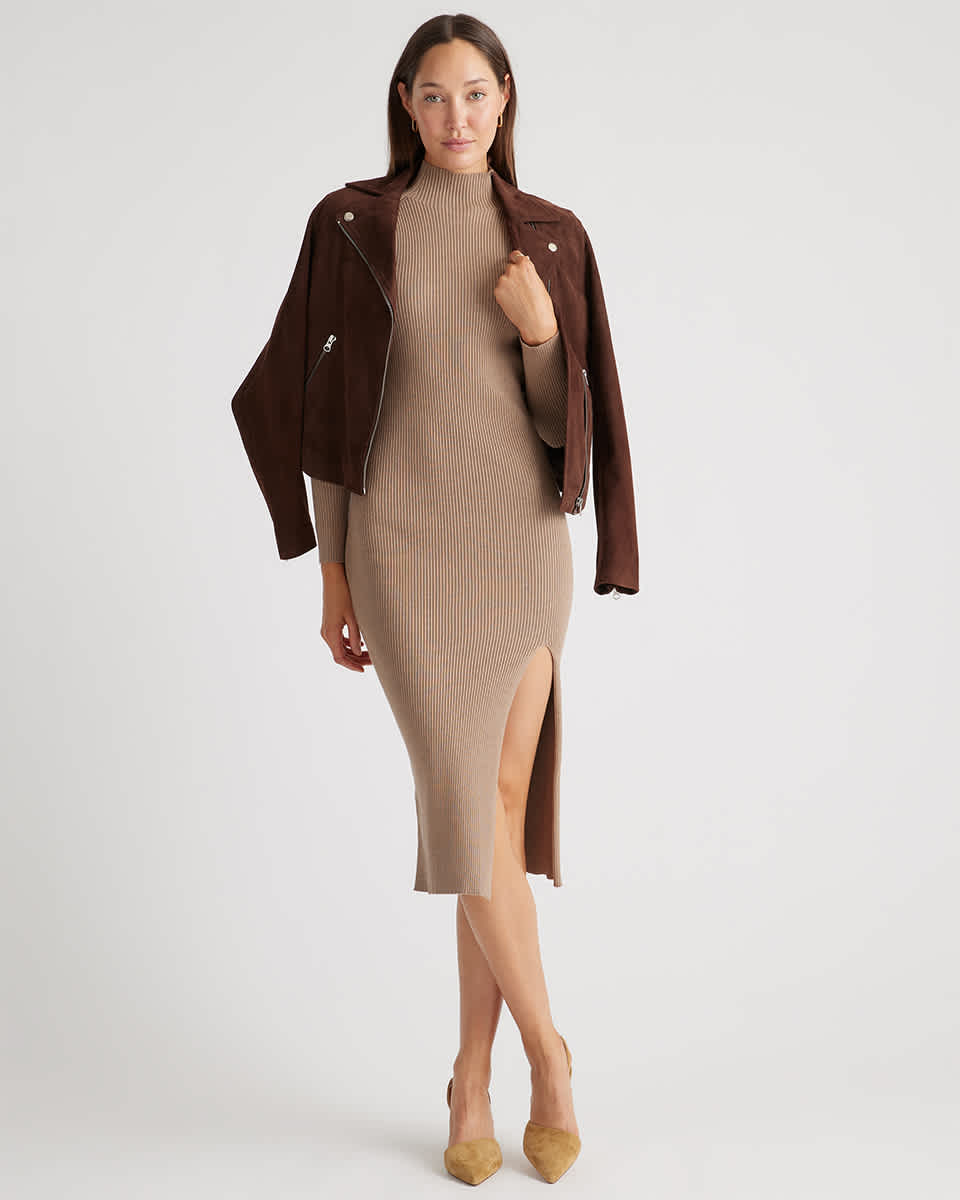 Eco-Knit Ribbed Mock Neck Sweater Dress in Warm Taupe Eco-Knit Ribbed Mock Neck Sweater Dress in Warm Taupe