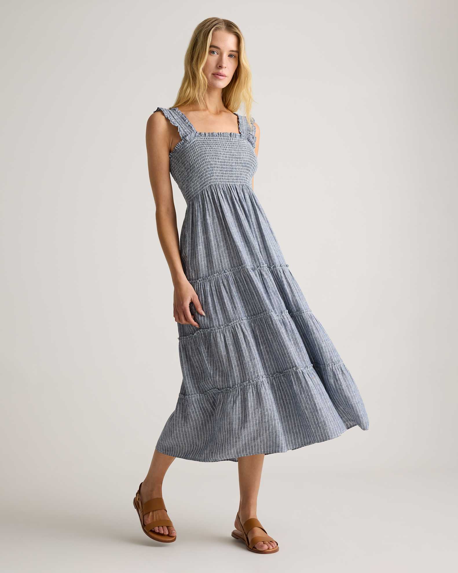 100% European Linen Smocked Midi Dress in Chambray Stripe 100% European Linen Smocked Midi Dress in Chambray Stripe