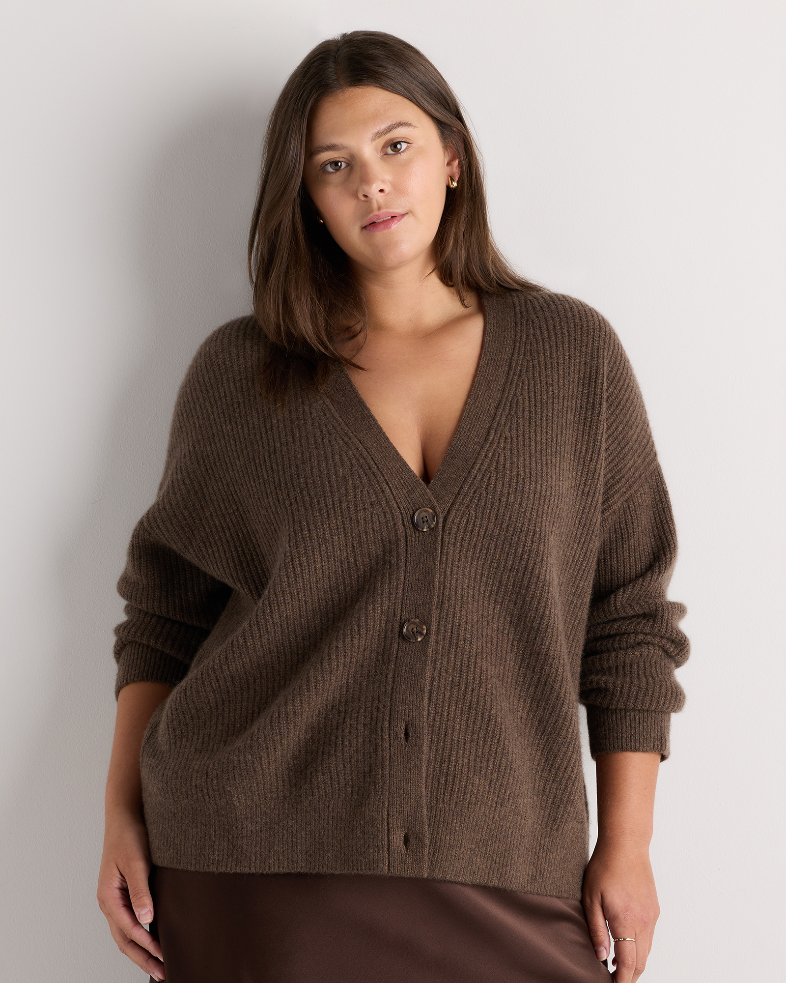 Brown Mongolian Cashmere Fisherman Boxy Cropped Cardigan Sweater