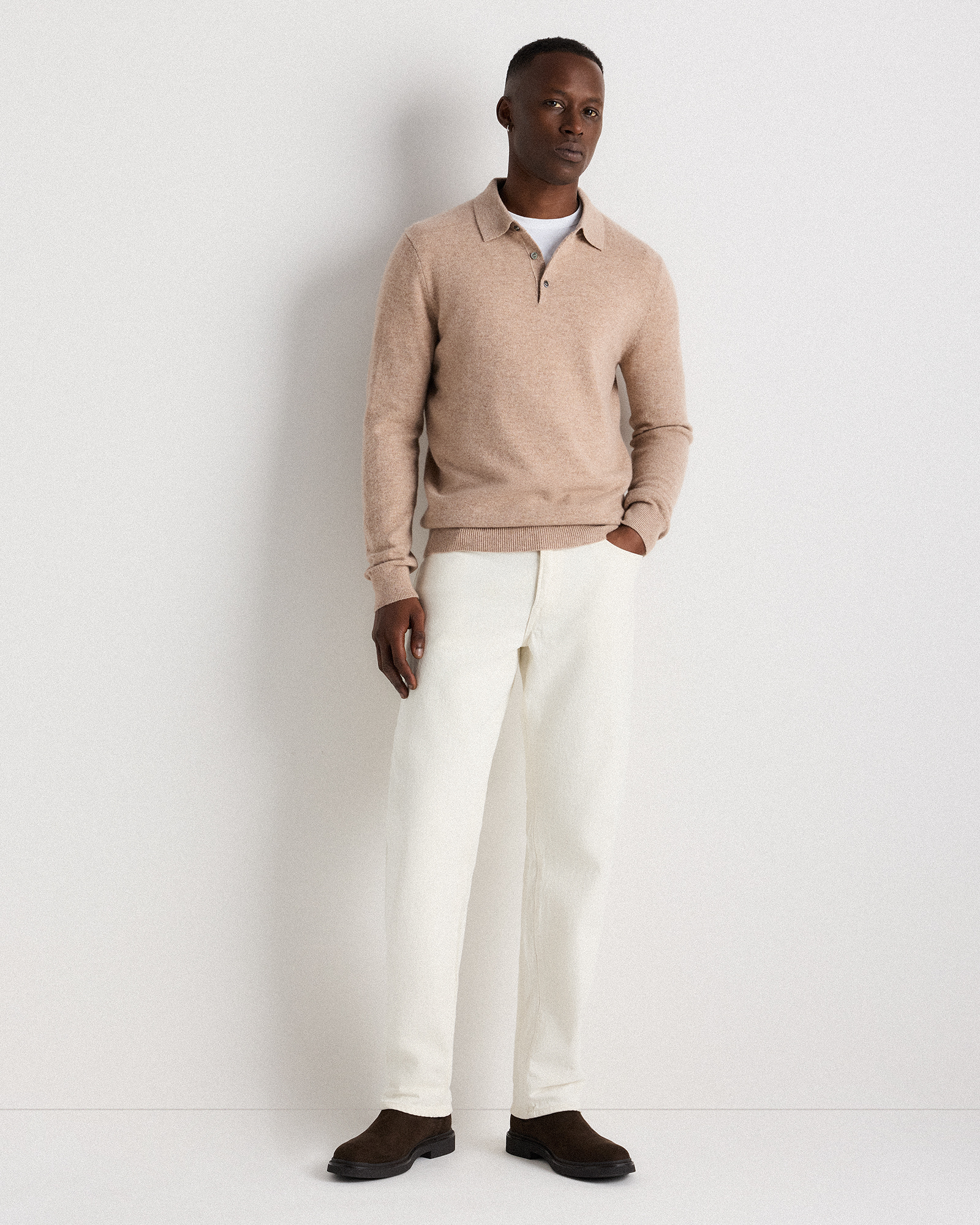 Mongolian Cashmere Polo Sweater in Oatmeal