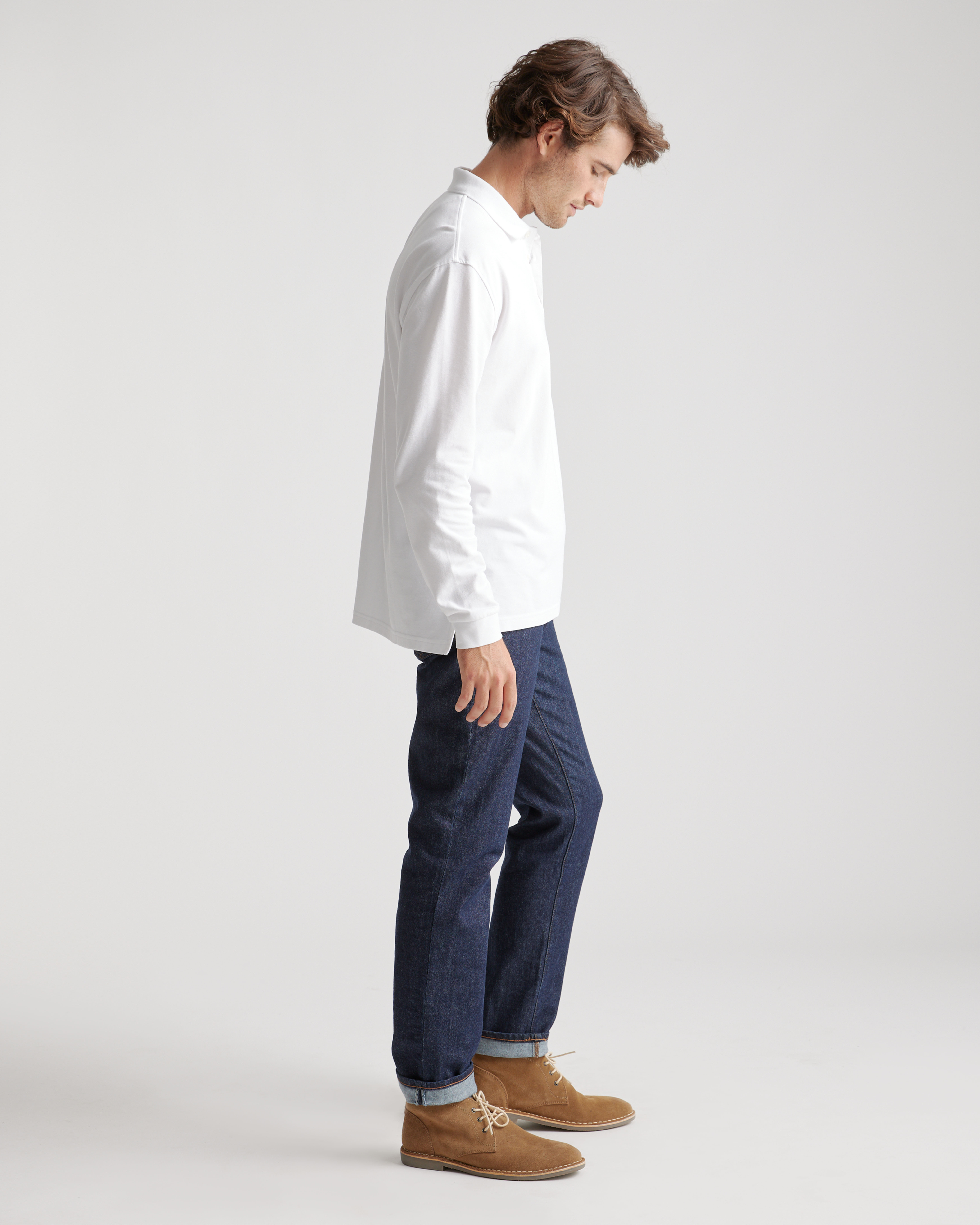 Organic Cotton Long Sleeve Pique Polo in White