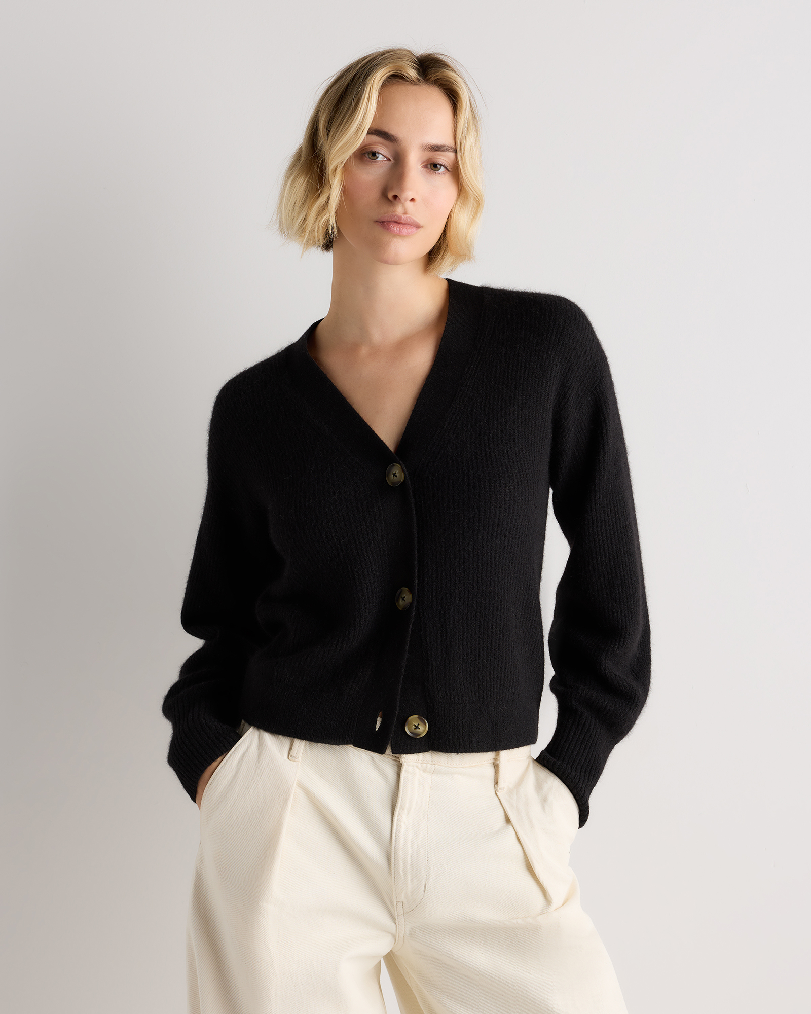 Soft Black Lightweight Baby Alpaca Cropped V-Neck Cardigan