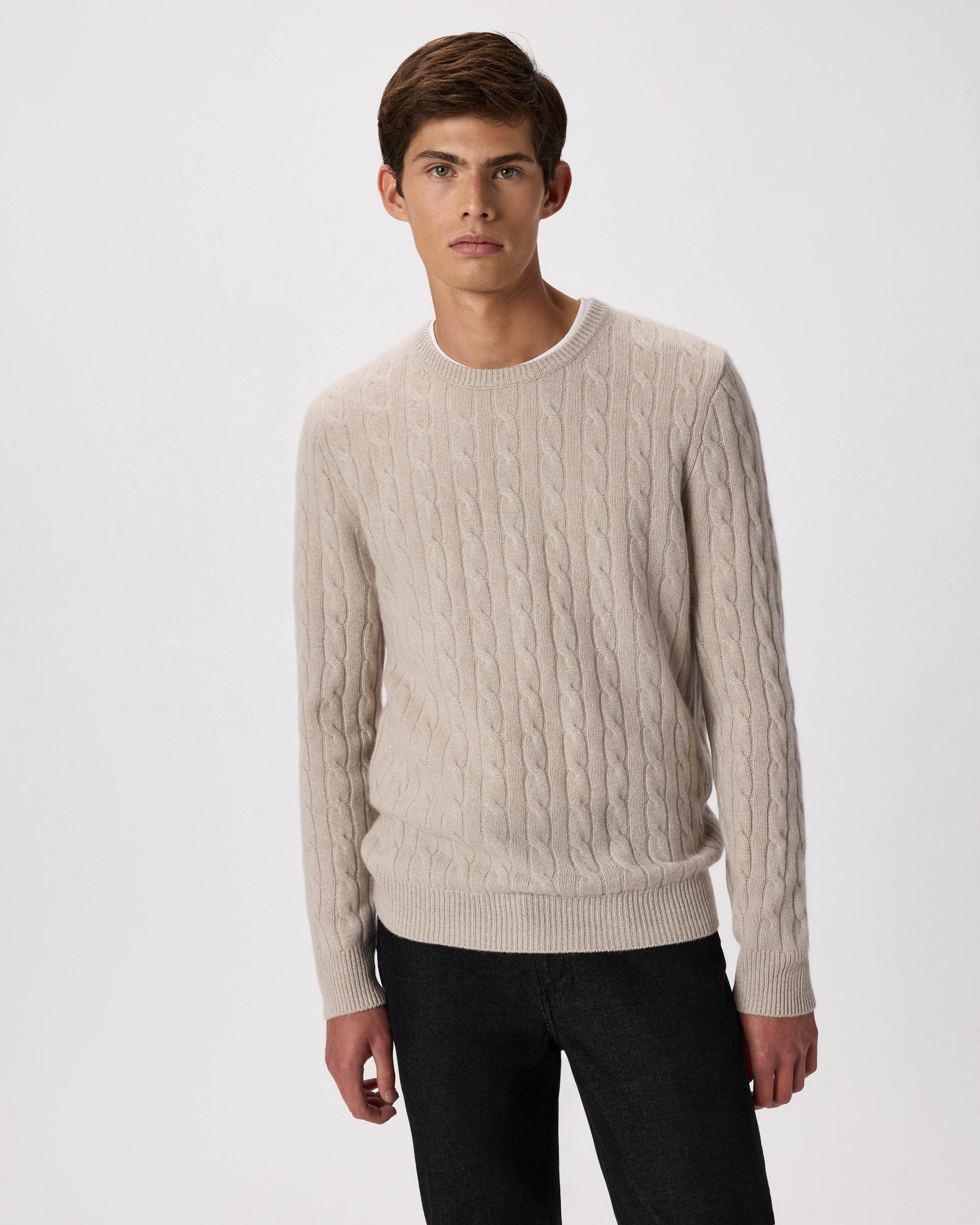 Heather Cloud Beige Pull classique en tricot torsadé de cachemire de Mongolie à col rond