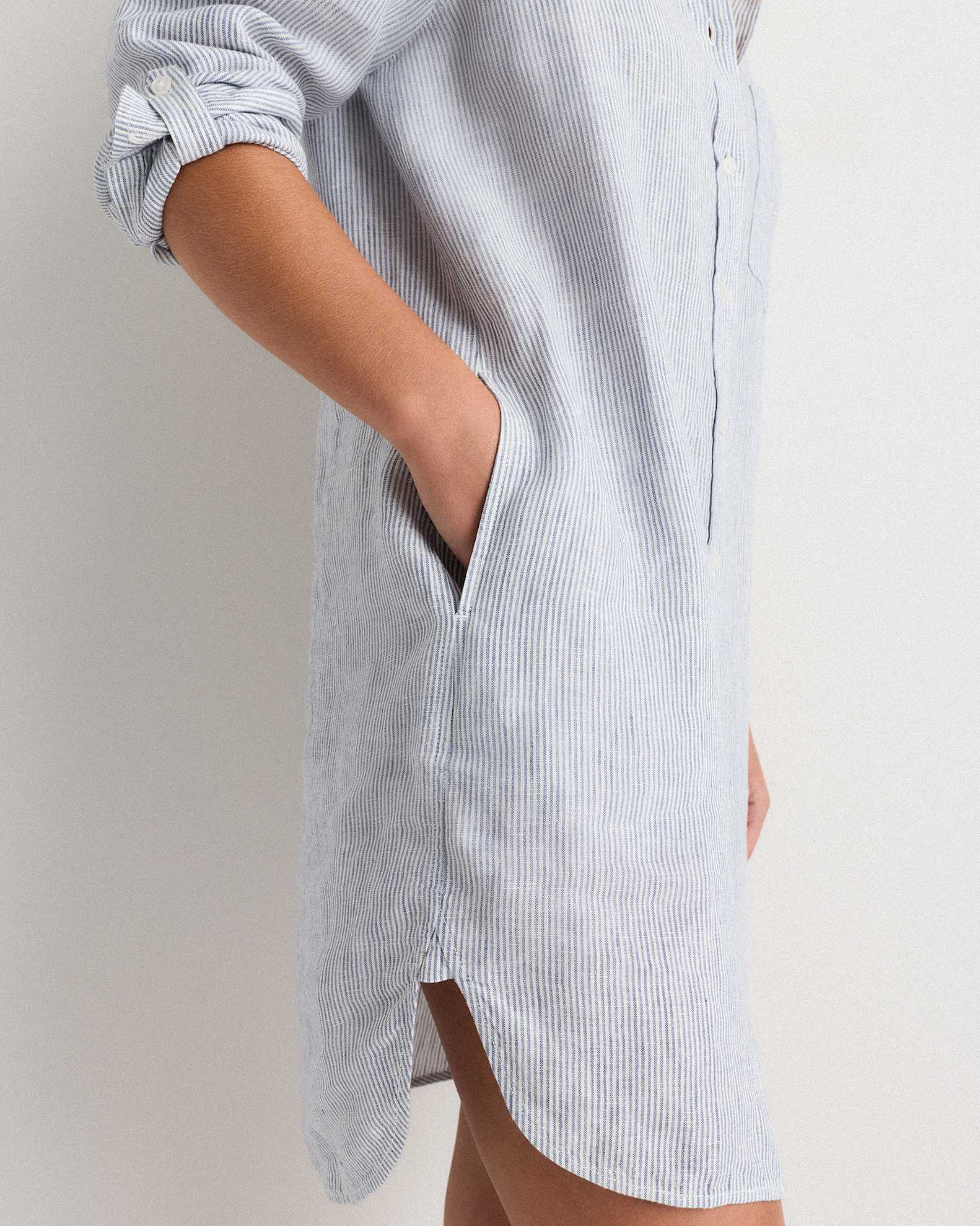 100% European Linen Shirt Dress in Blue Pinstripe 100% European Linen Shirt Dress in Blue Pinstripe