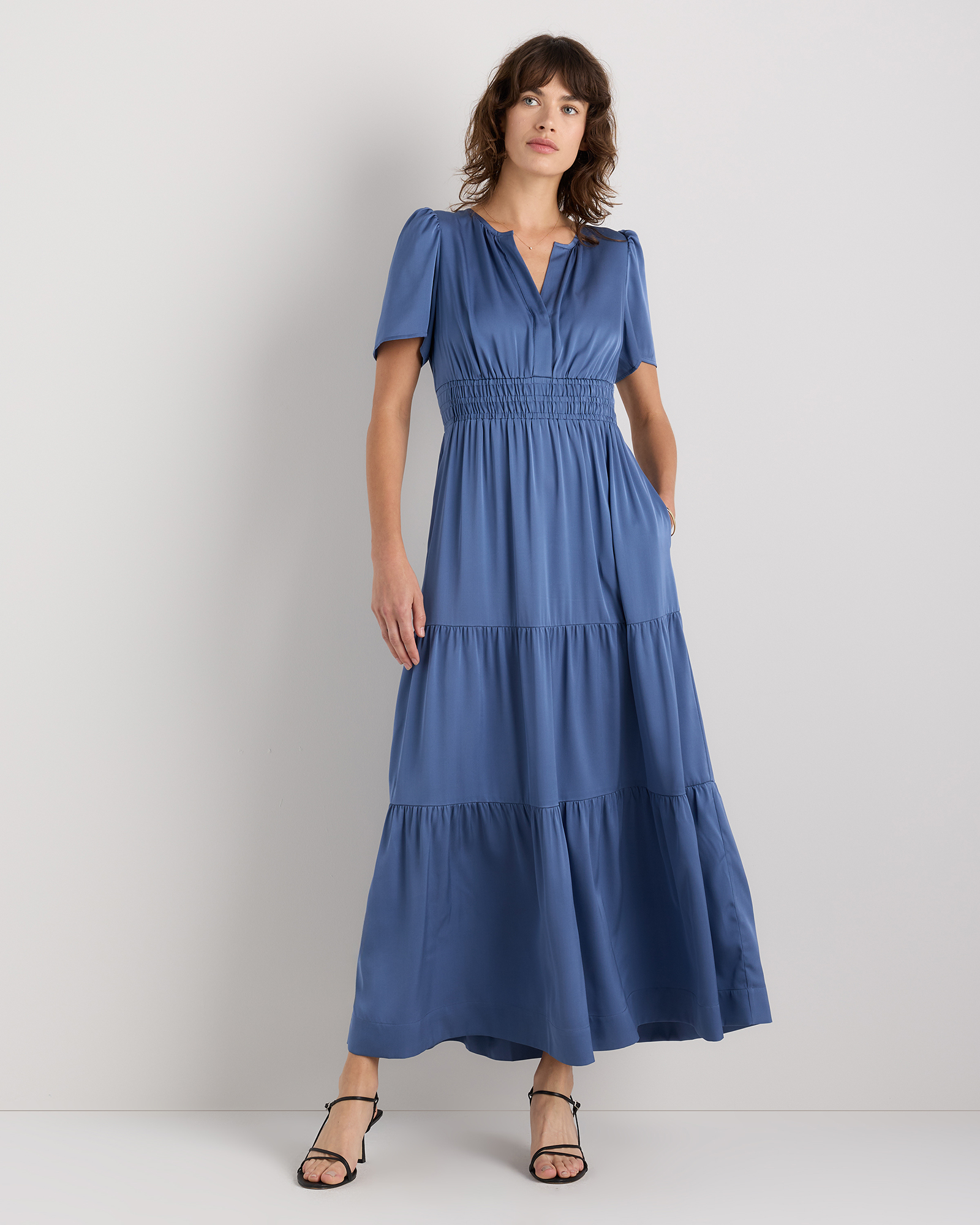 Moonstone Blue Washable Stretch Silk Tiered Maxi Dress