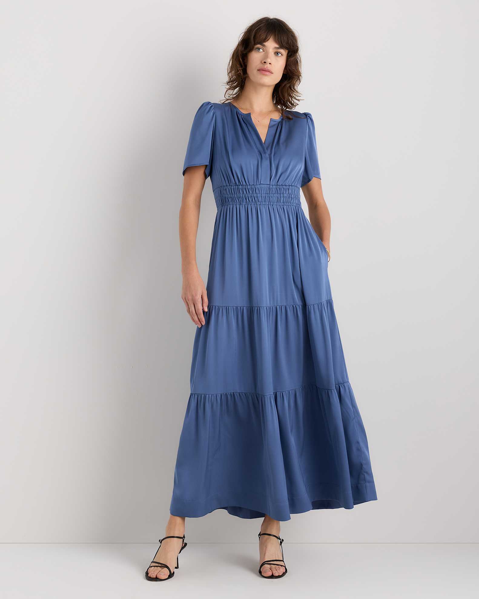 quince washable stretch silk tiered maxi dress Washable Stretch Silk Tiered Maxi Dress in Moonstone Blue Heirloom Floral