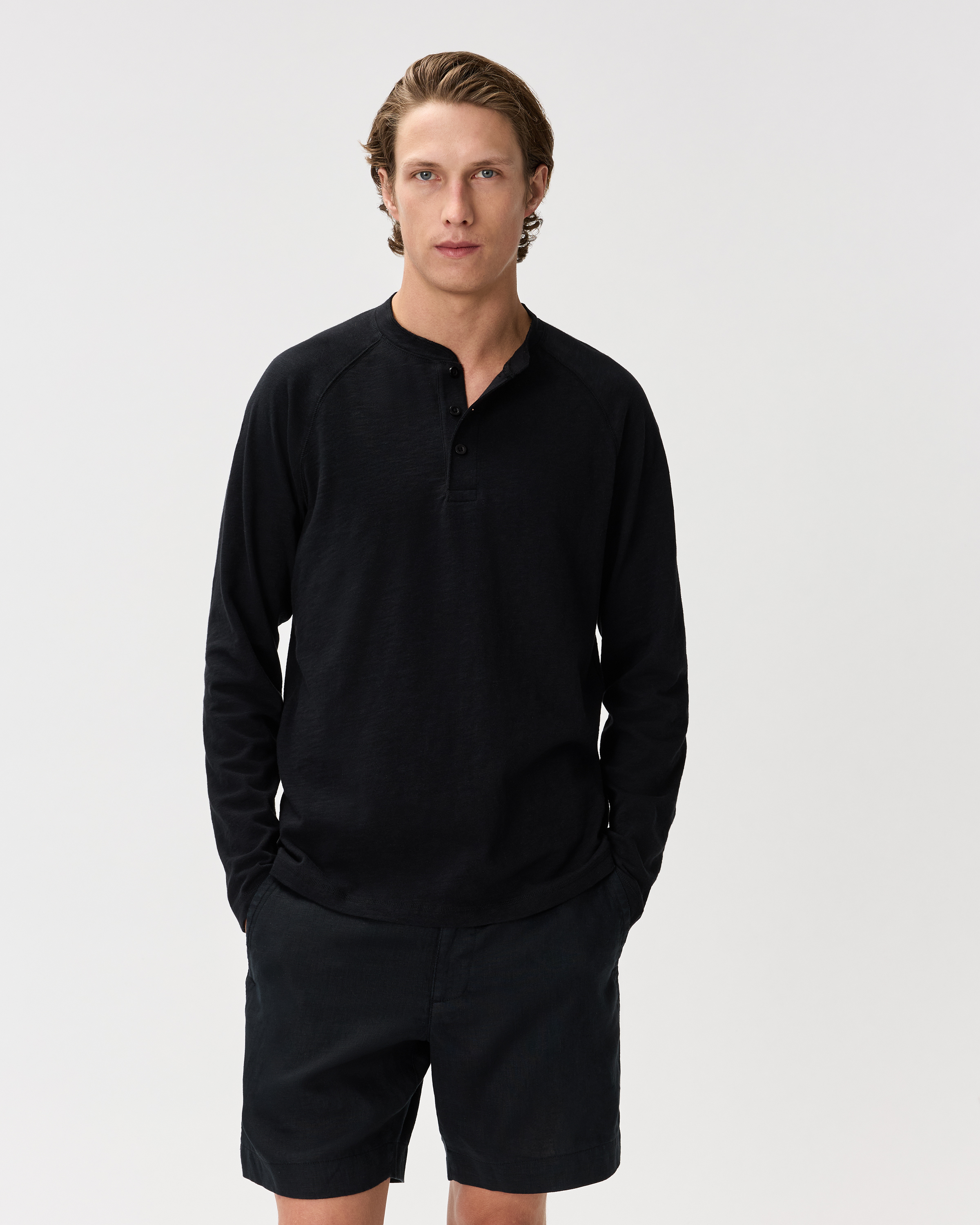 Bold Black 100% Organic Cotton Slub Long Sleeve Henley