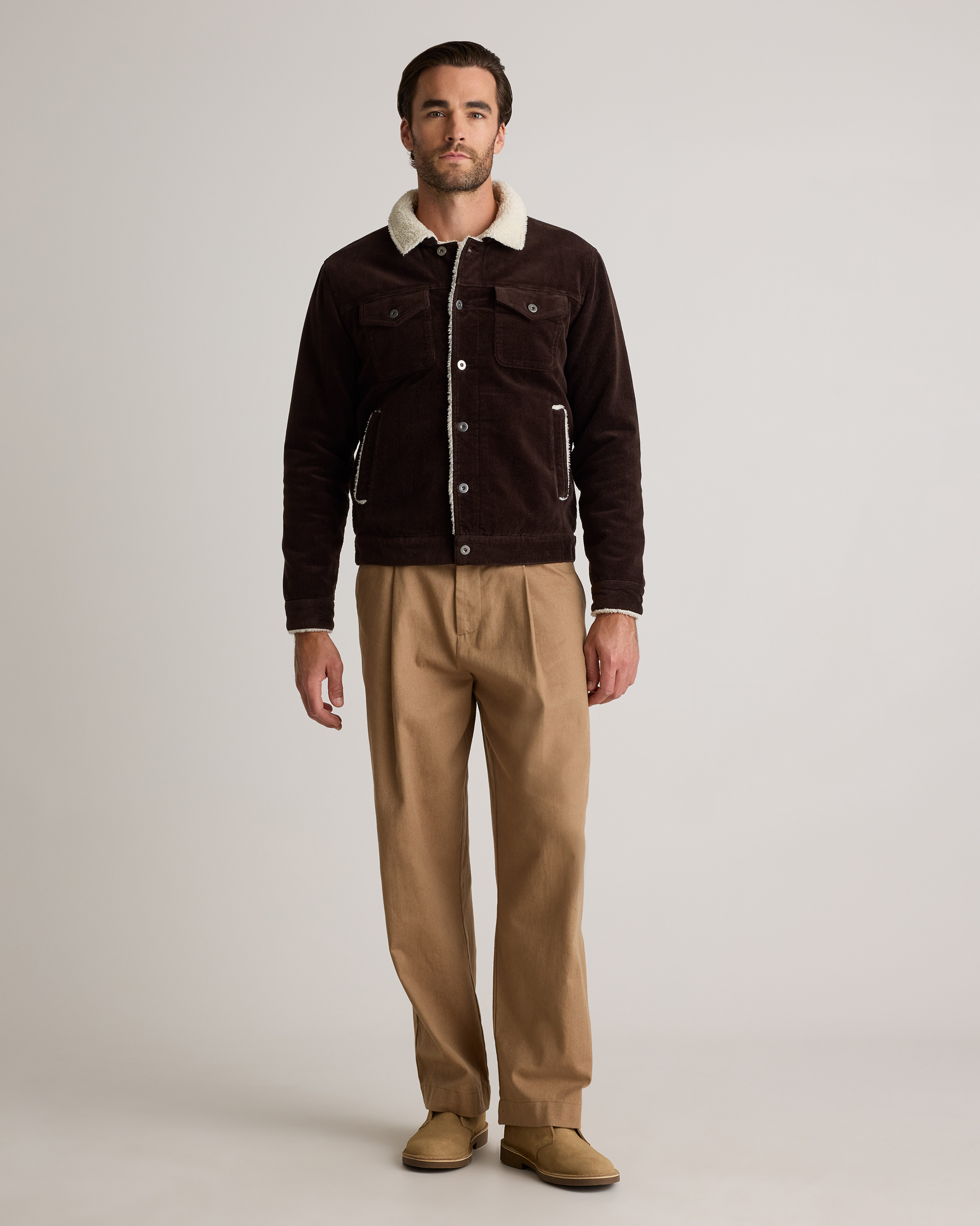 Organic Stretch Corduroy Sherpa-Lined Trucker Jacket in Espresso
