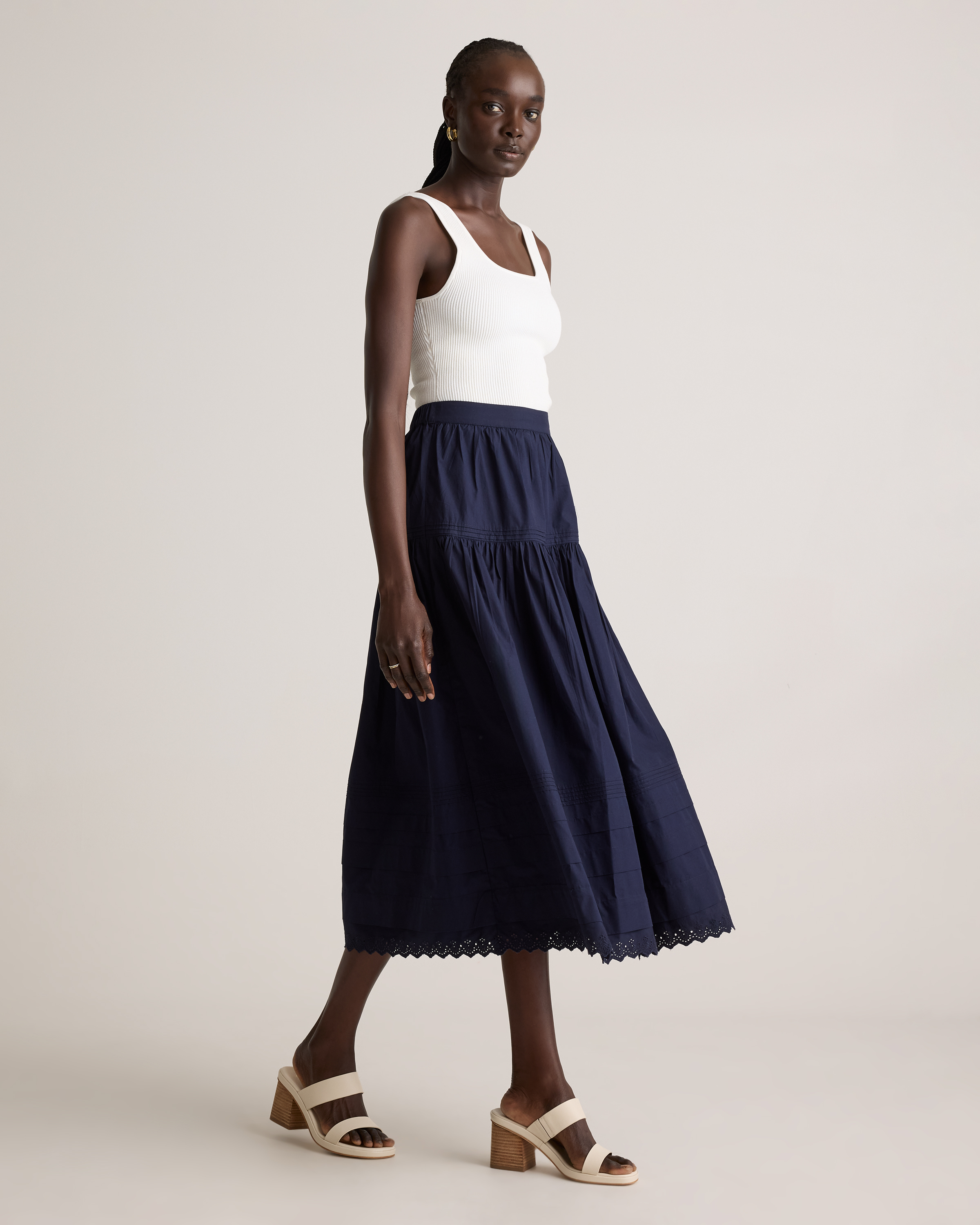 Organic Textured Cotton Pintuck Maxi Skirt in Navy