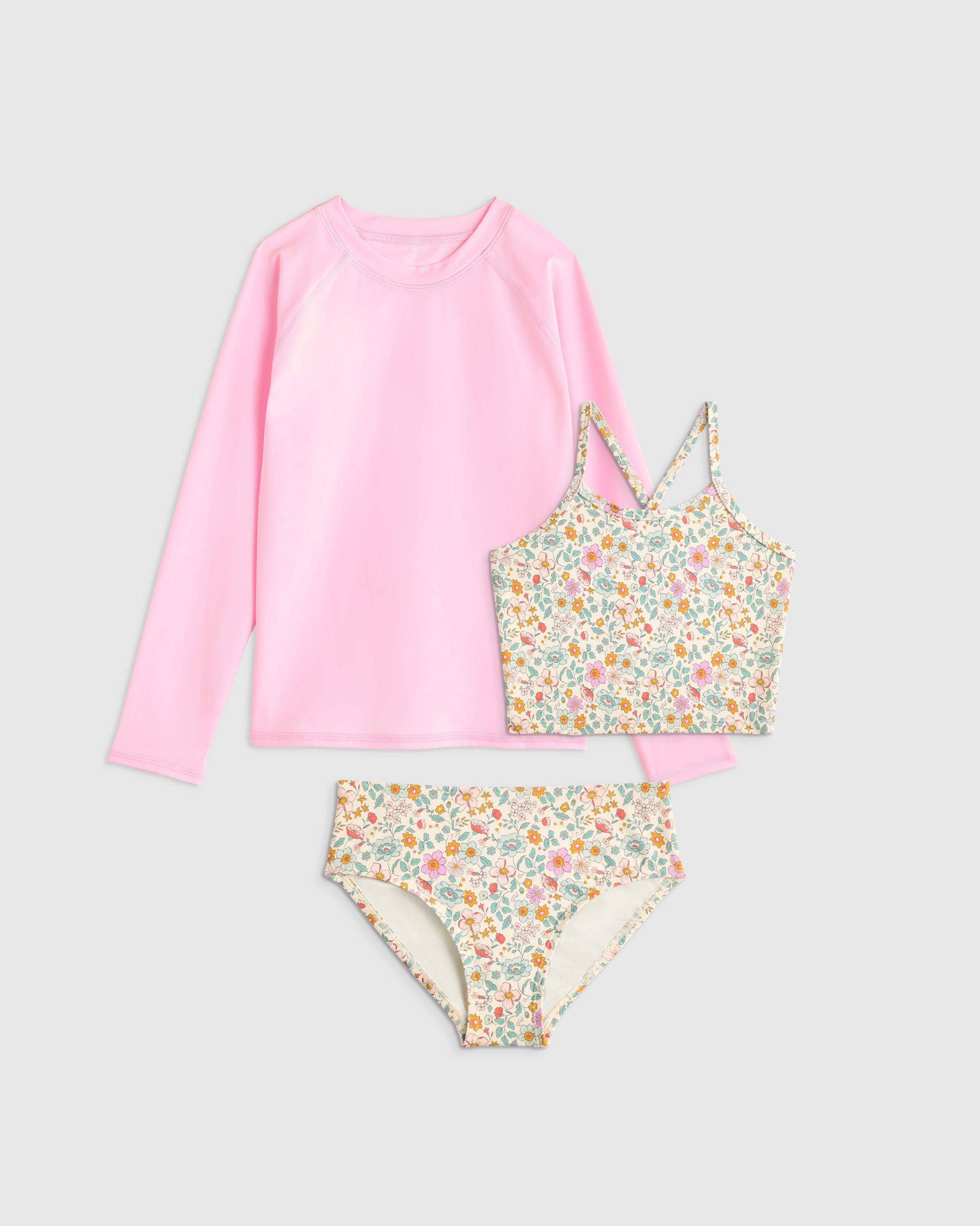 Soft Ditsy Floral Tankini and Long Sleeve Raglan Rash Guard Set