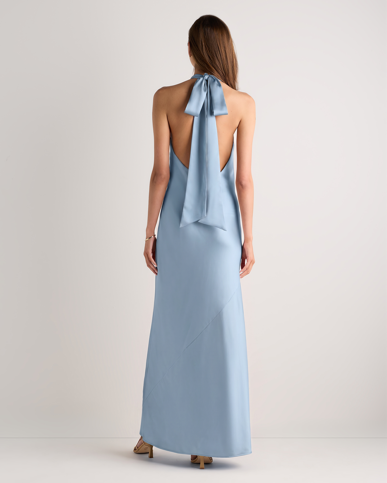 steel blue satin dress Azazie Maci