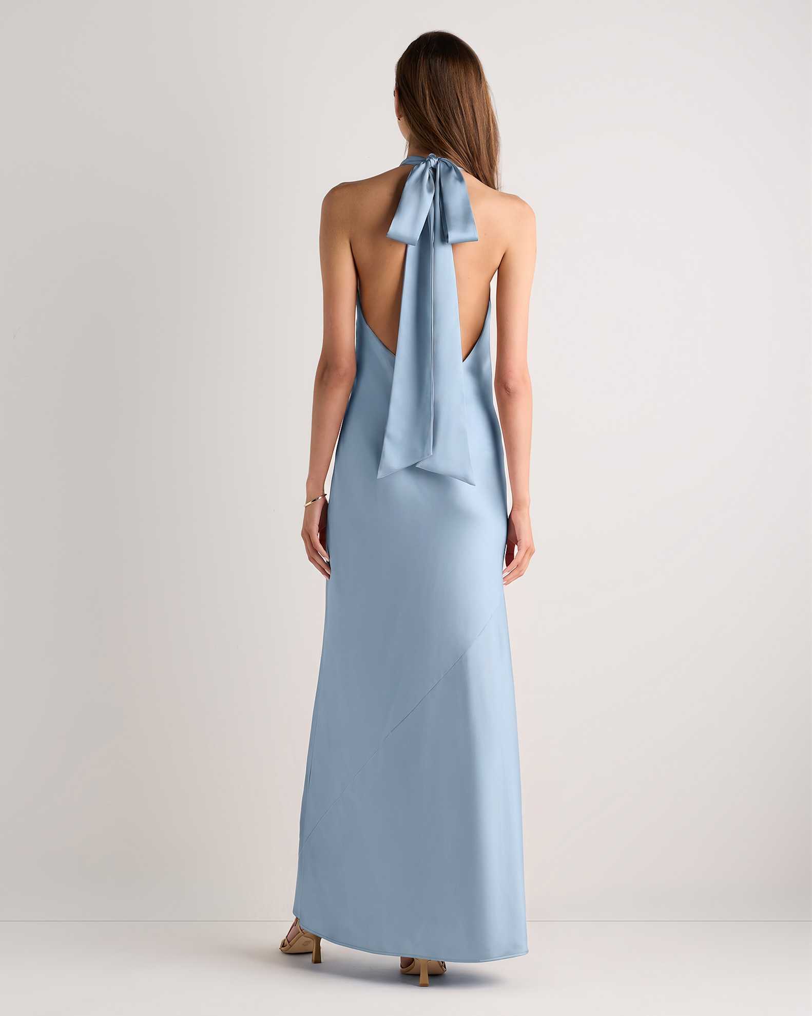steel blue satin dress Azazie Maci