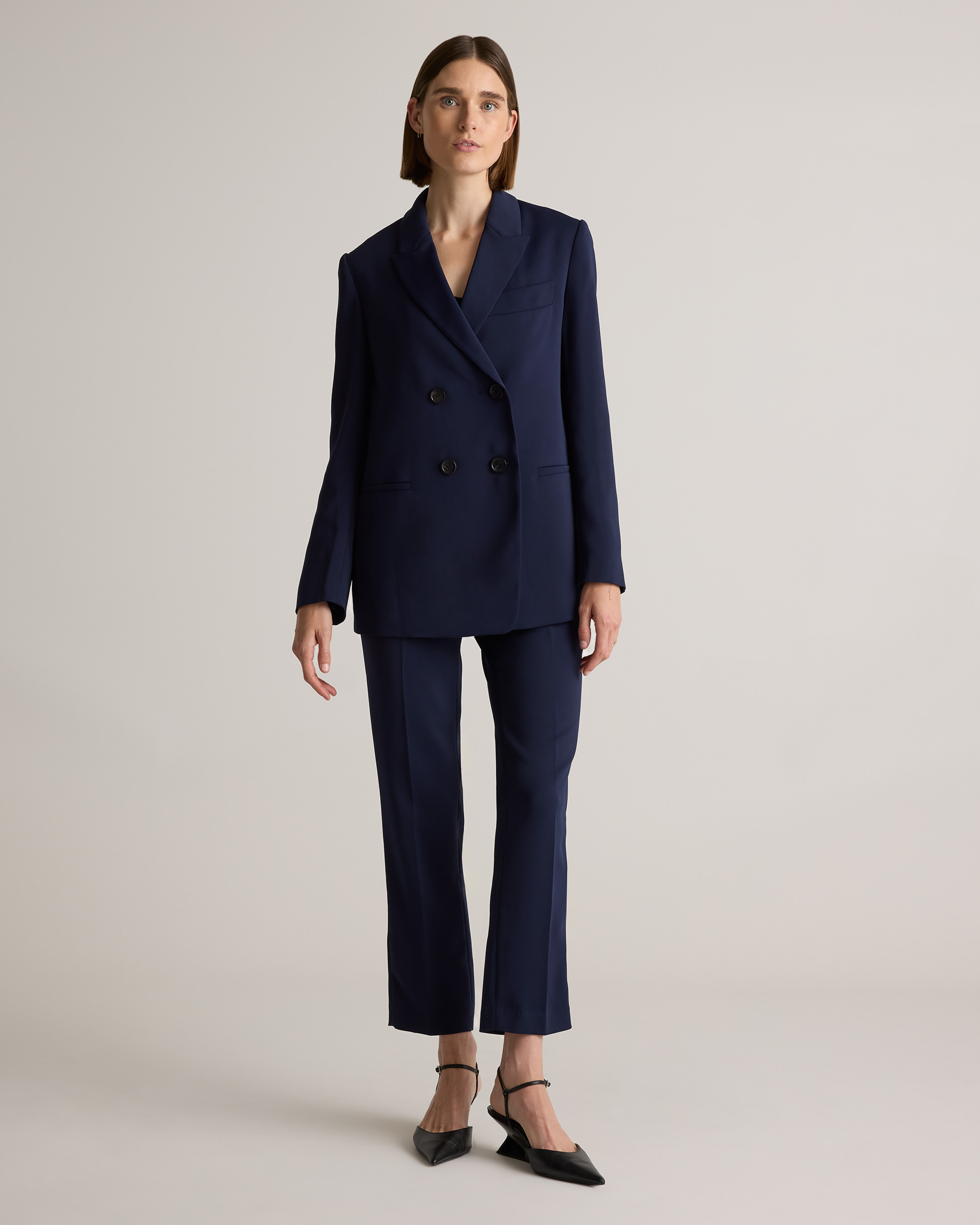 Stretch Crepe Double-Breasted Blazer in Navy