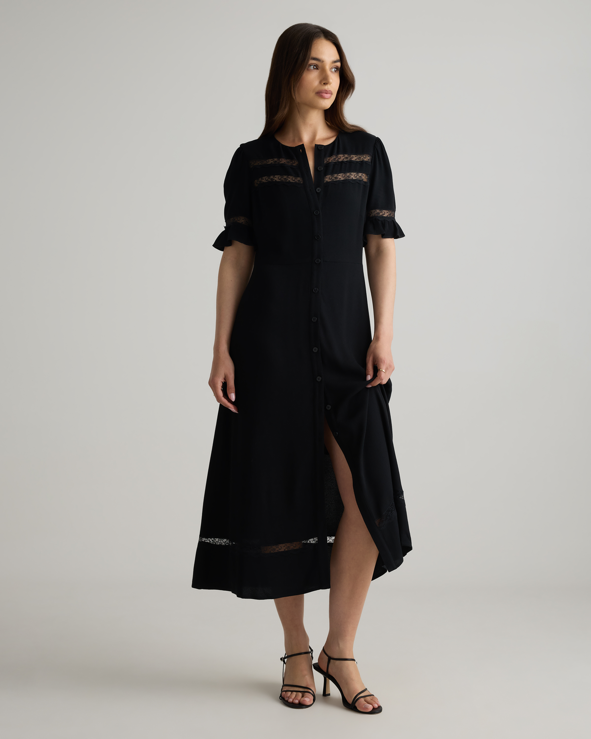 Quince Women's Lightweight Crepe Lace Inset Midi Dress In Black