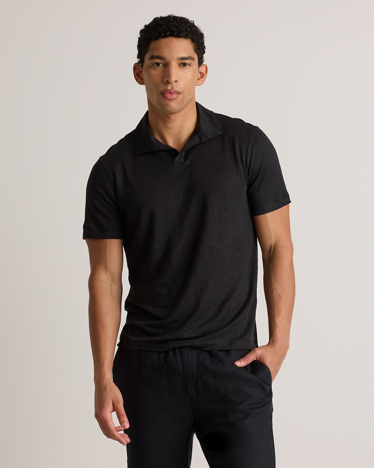 Quince Men's European Linen / Organic Cotton Jersey Polo in Black