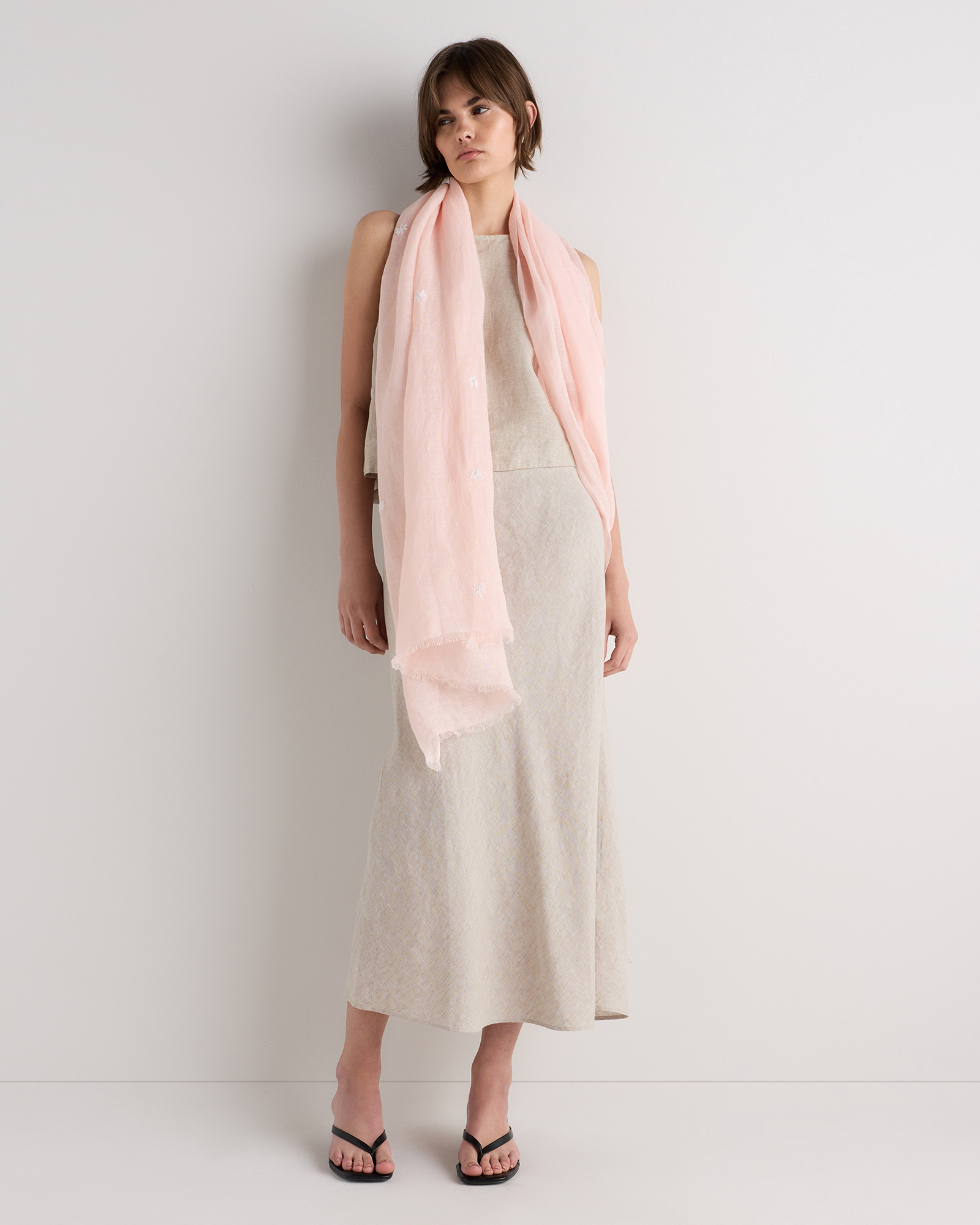 Soft Pink 100% European Linen Embroidered Scarf