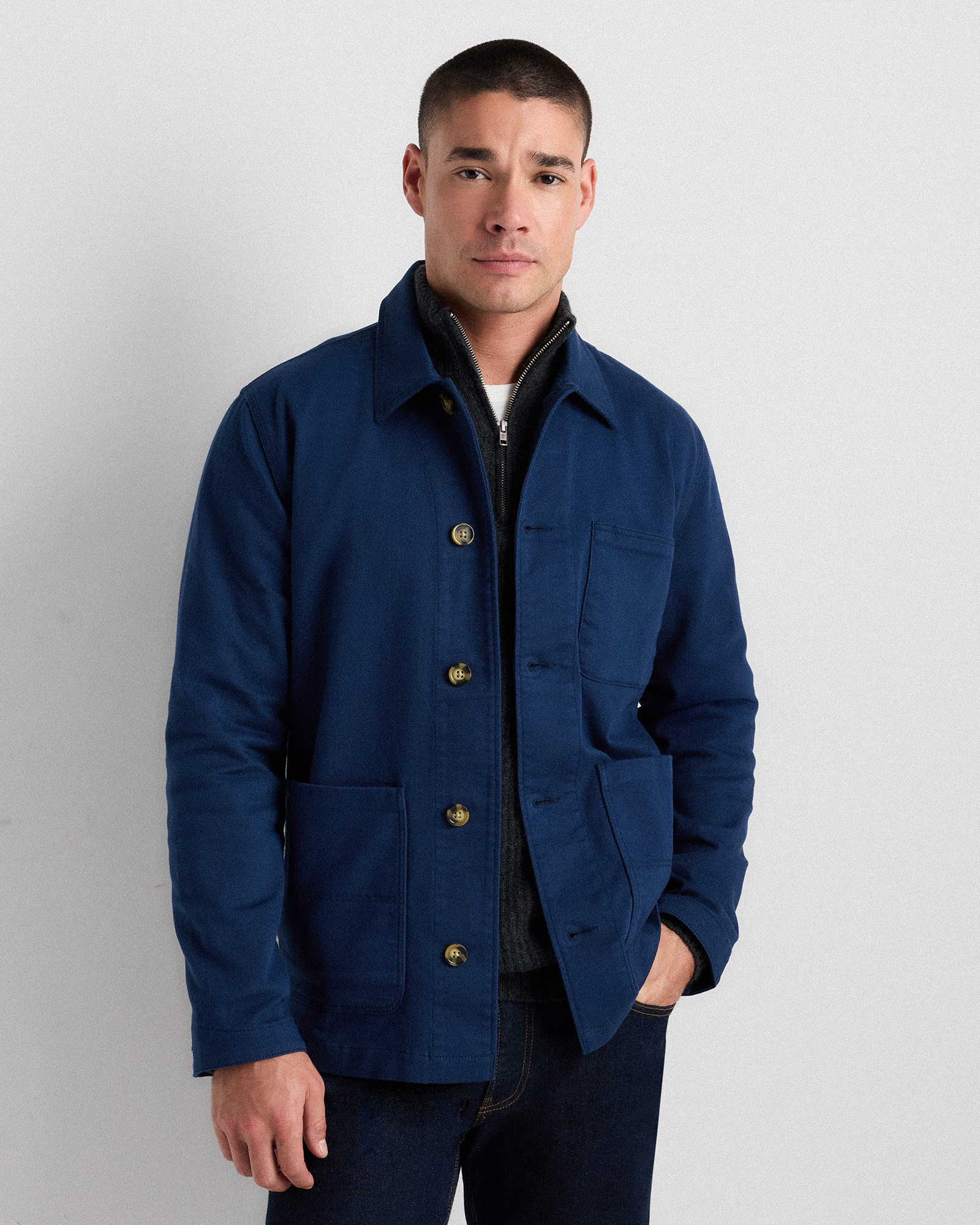 Navy Blouson ouvrier confortable extensible en coton biologique