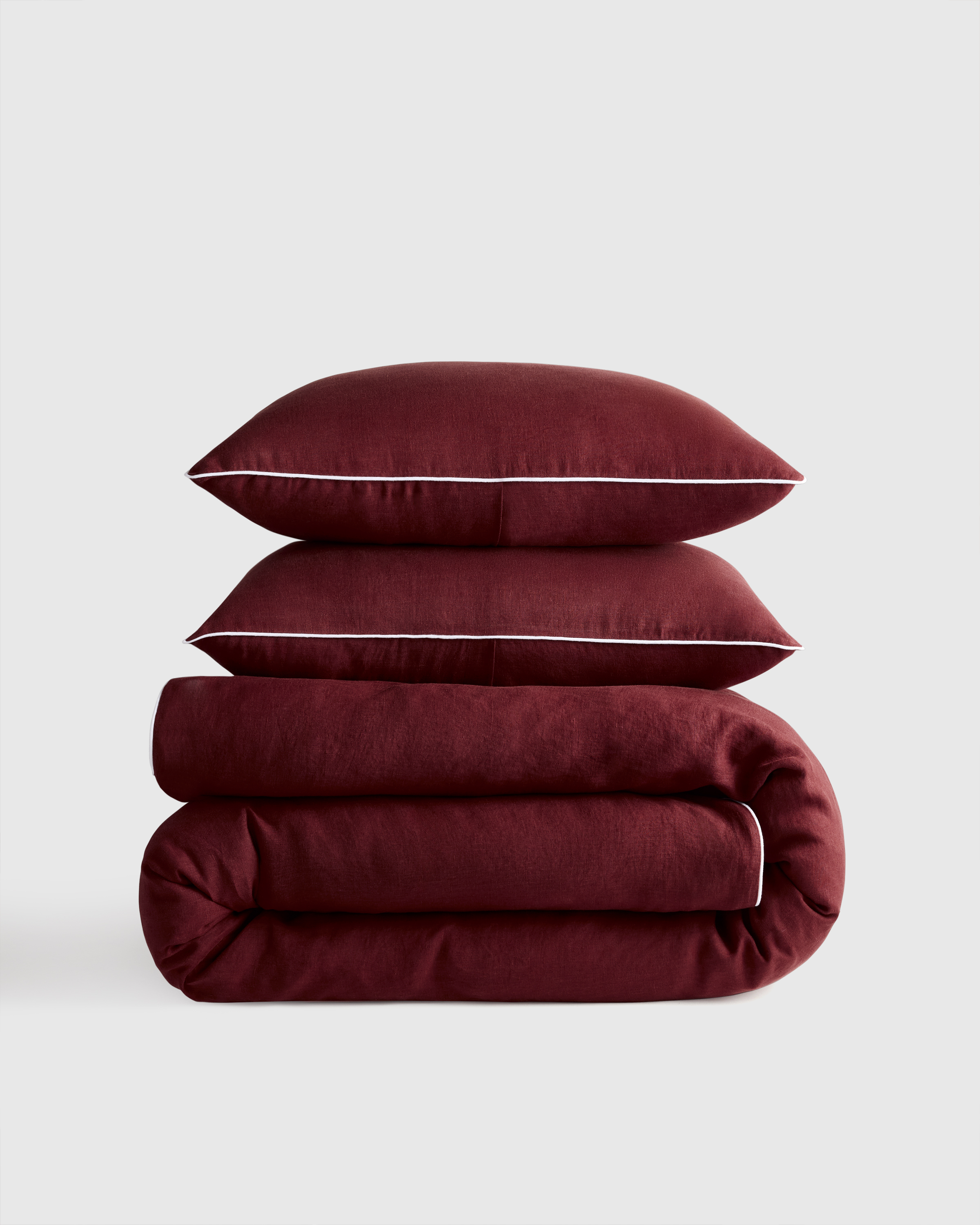 Burgundy/White European Linen Piped Duvet Cover Set 