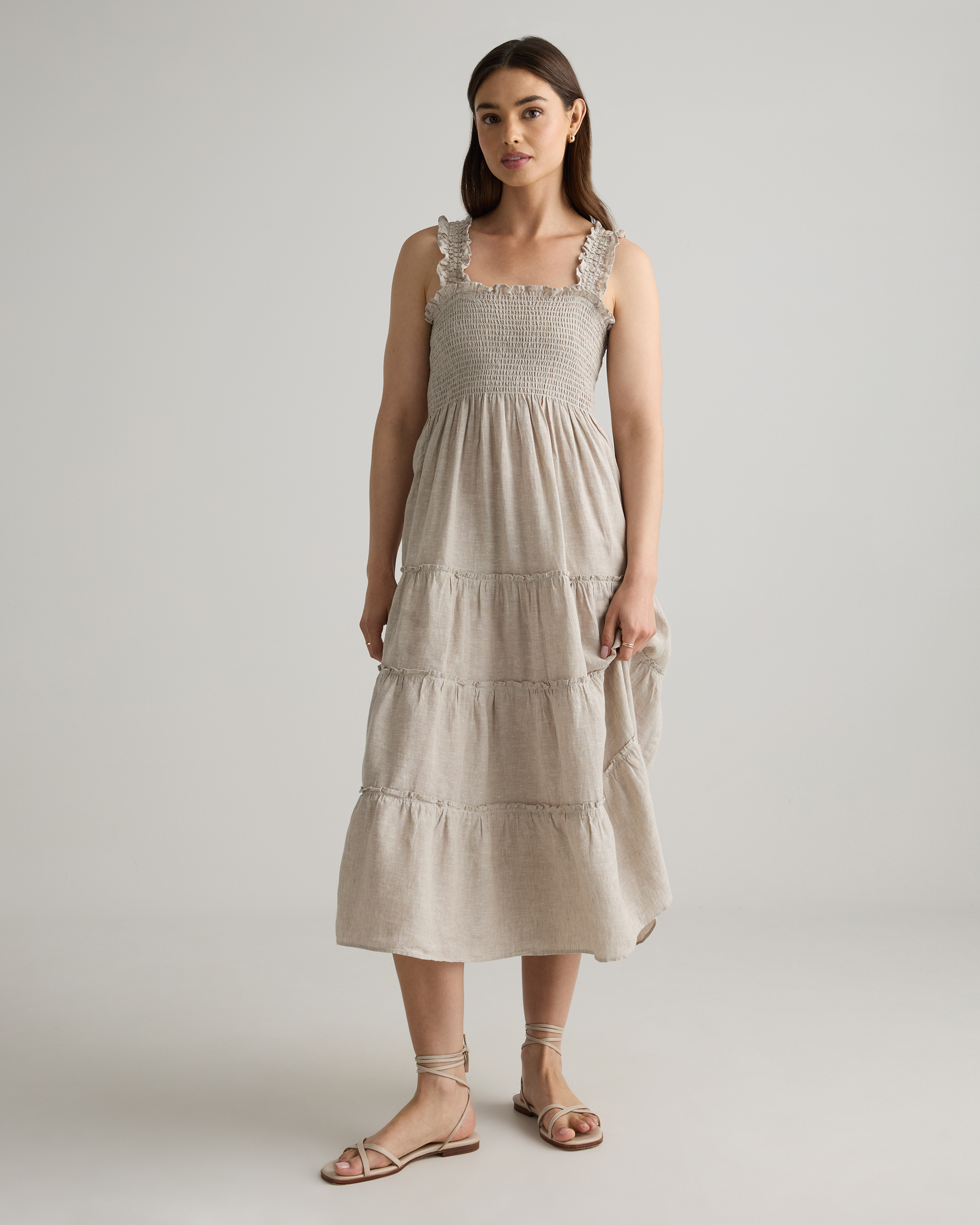 100% European Linen Smocked Midi Dress
