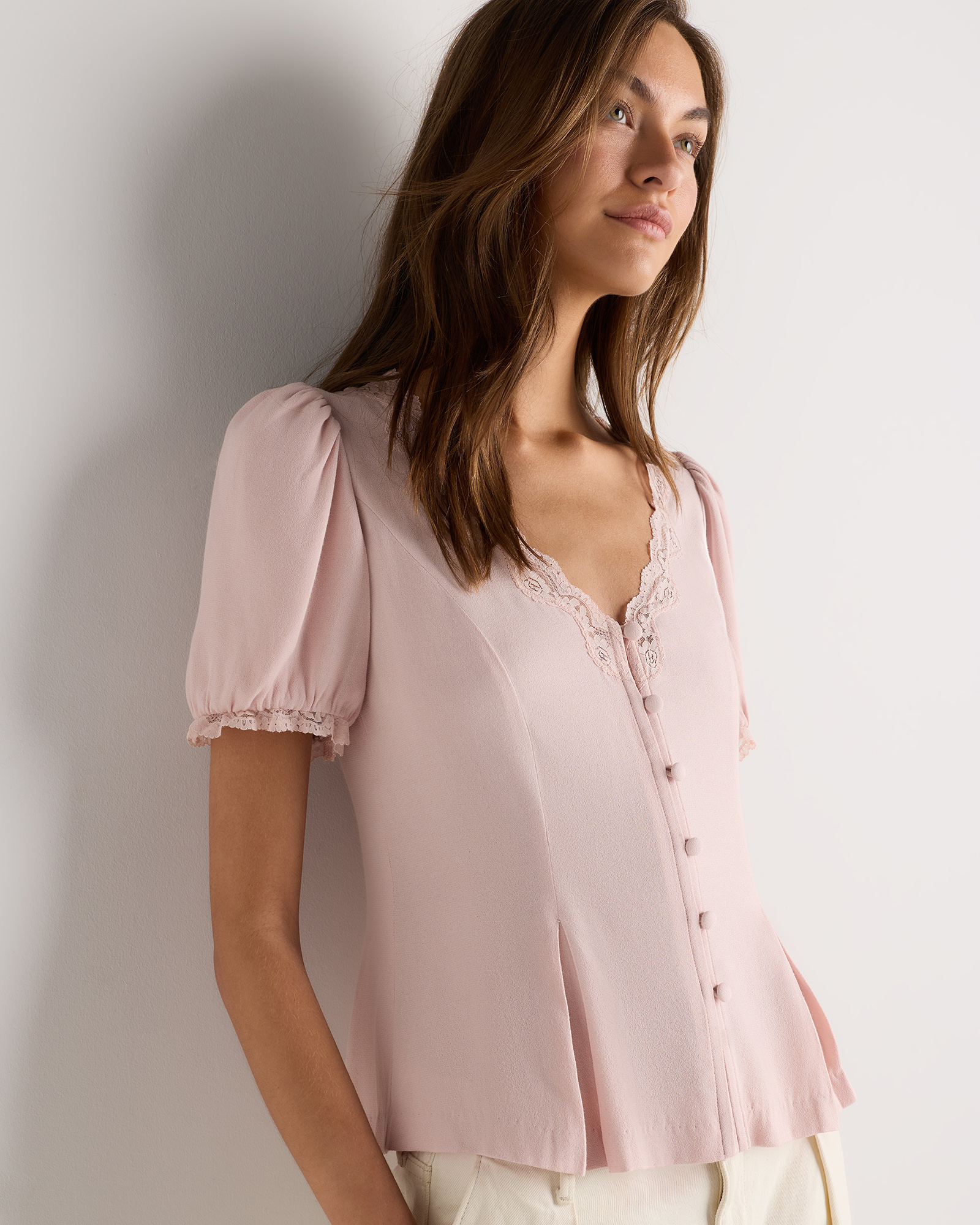 Lightweight Crepe Lace Puff Sleeve Blouse in Shell Pink