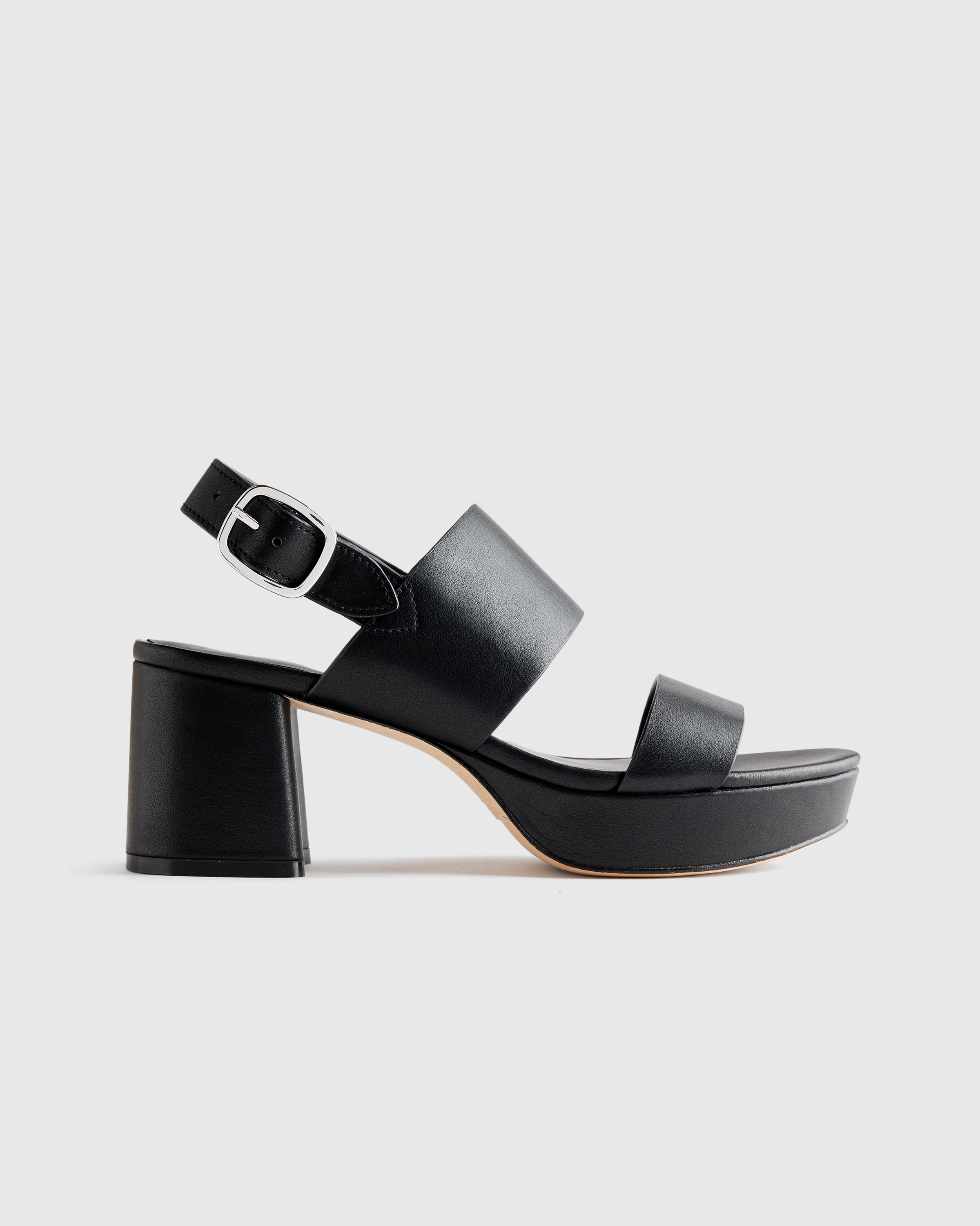 Black Italian Leather Double Band Block Heel Sandal