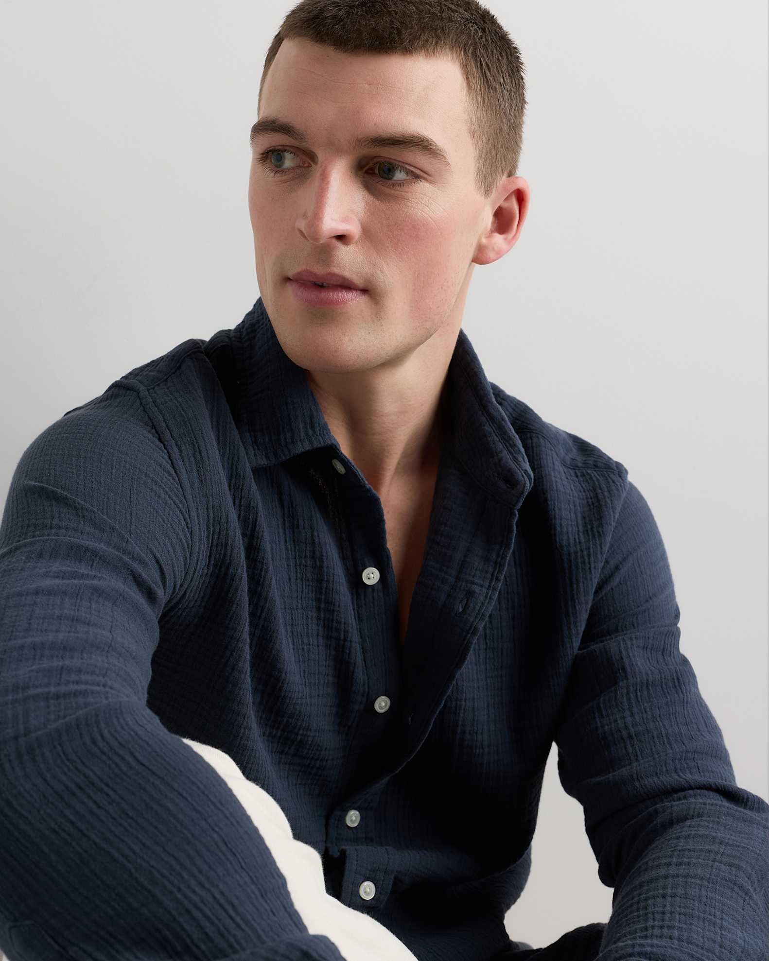 Men's 100% Organic Cotton Gauze Long Sleeve Shirt in Indigo Blue Men's 100% Organic Cotton Gauze Long Sleeve Shirt in Indigo Blue