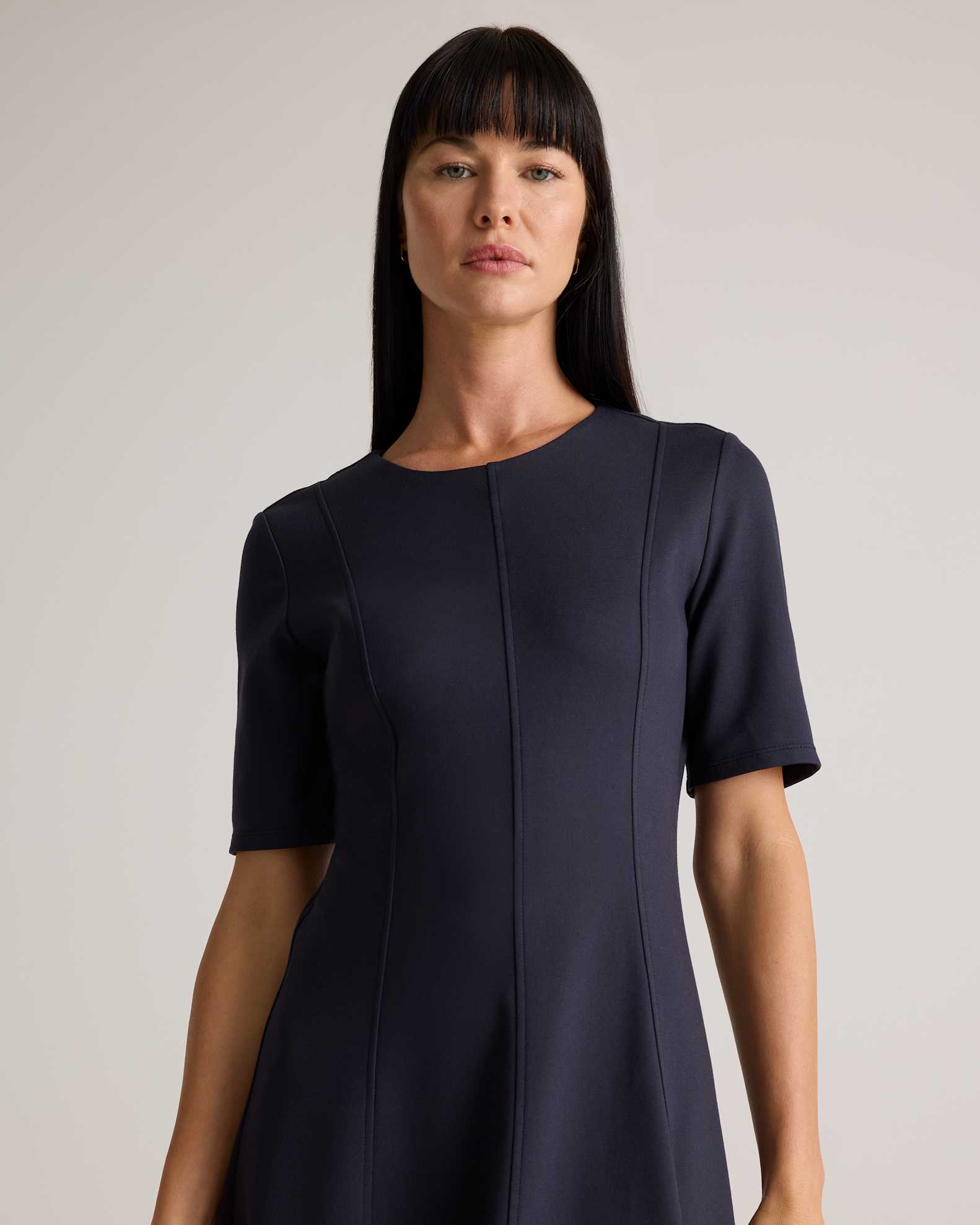 short sleeve navy midi dress Navy Cotton Blend Midi Shirt Dress with Belted Fit and Flare Silhouette 4409 Dark blue / XS