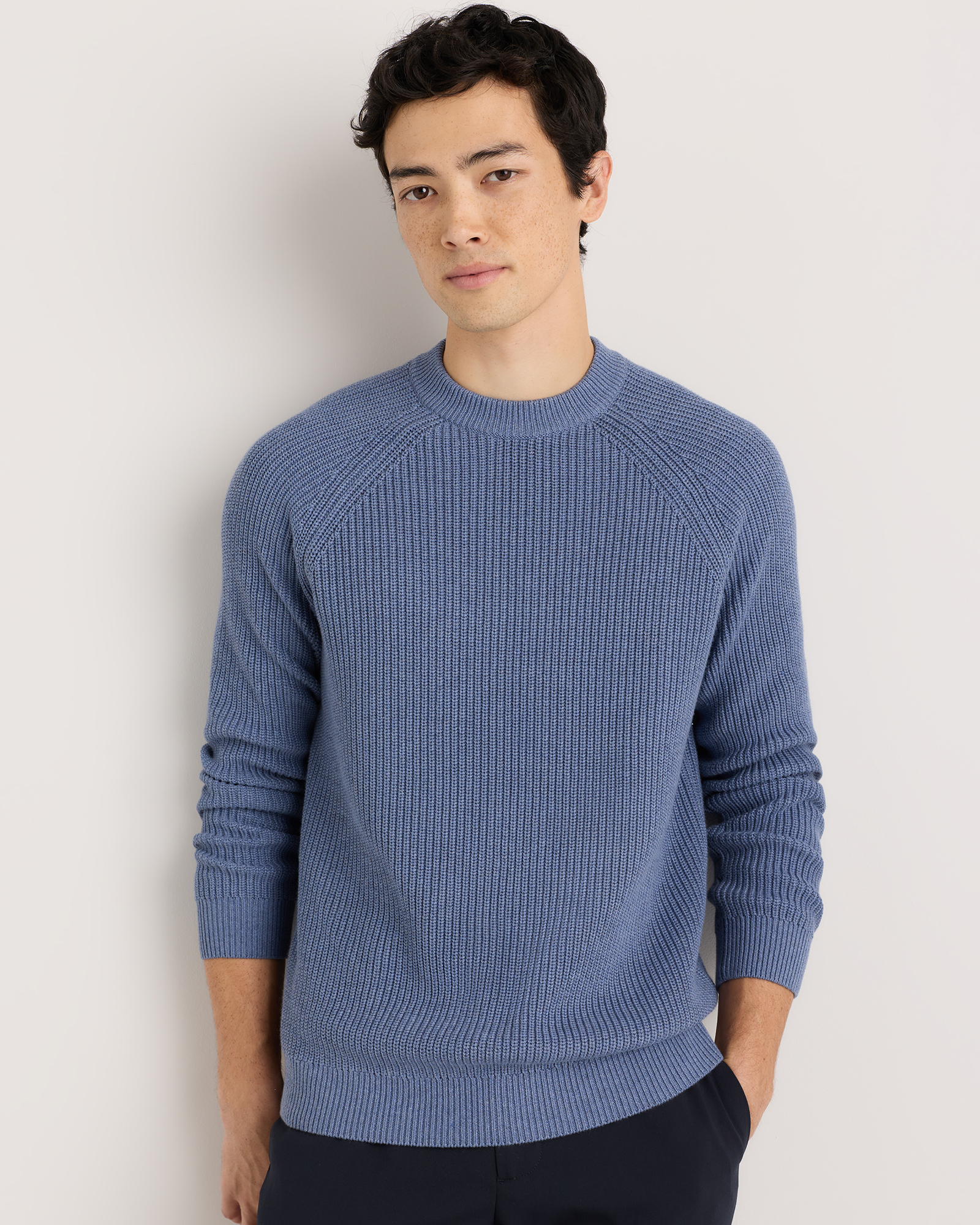 Moonstone Blue Pull côtelé 100 % coton biologique à col rond