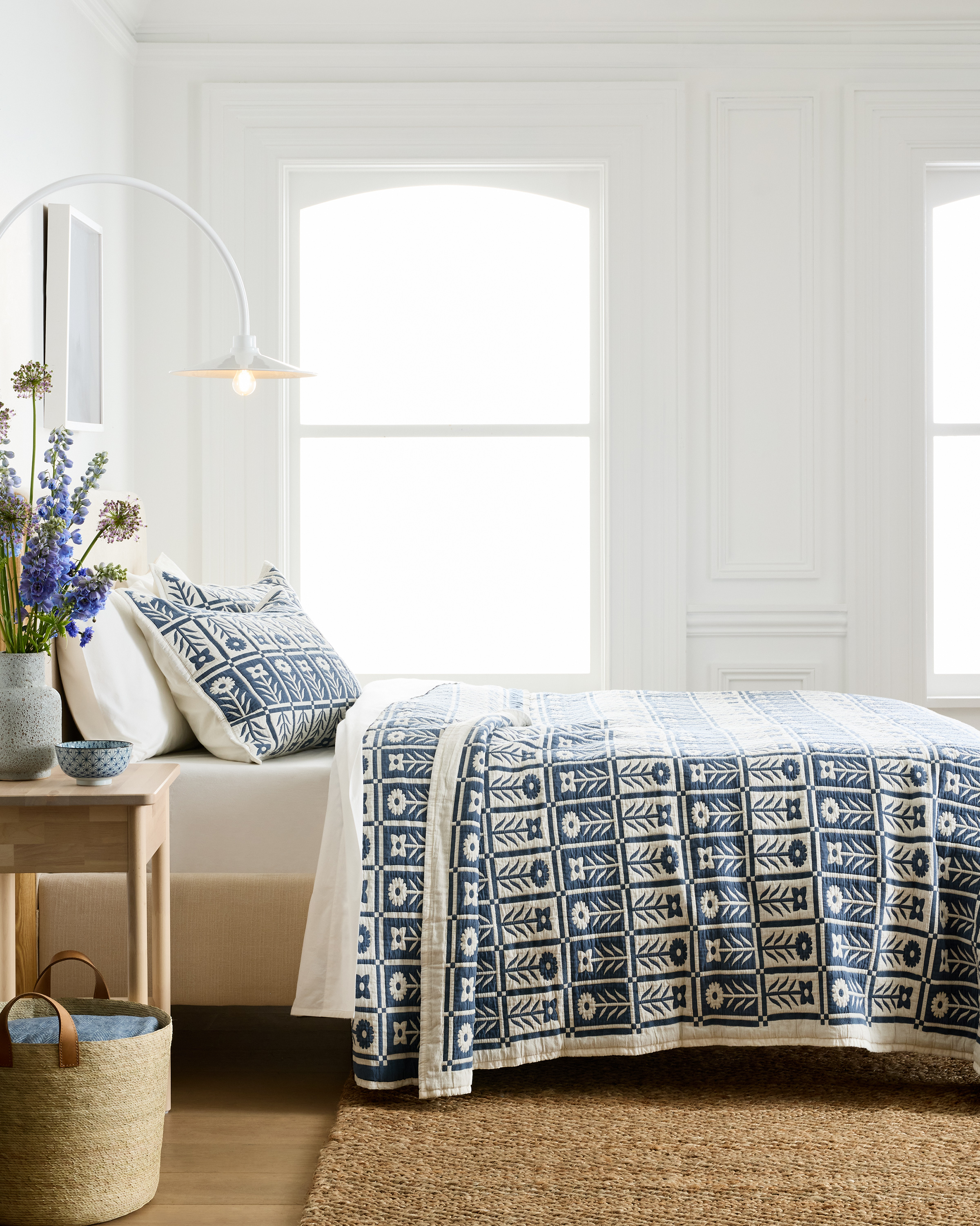 Glacier Blue Organic Cotton Jacquard Floral Coverlet
