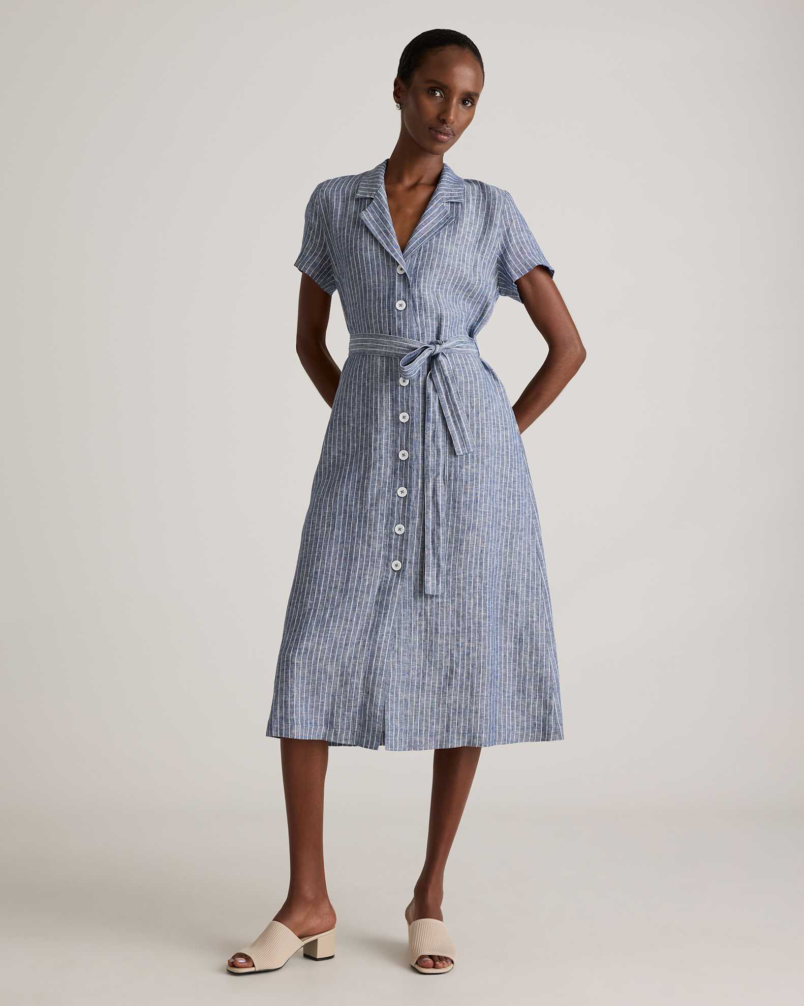 100% European Linen Button Front Dress in Chambray Stripe 100% European Linen Button Front Dress in Chambray Stripe