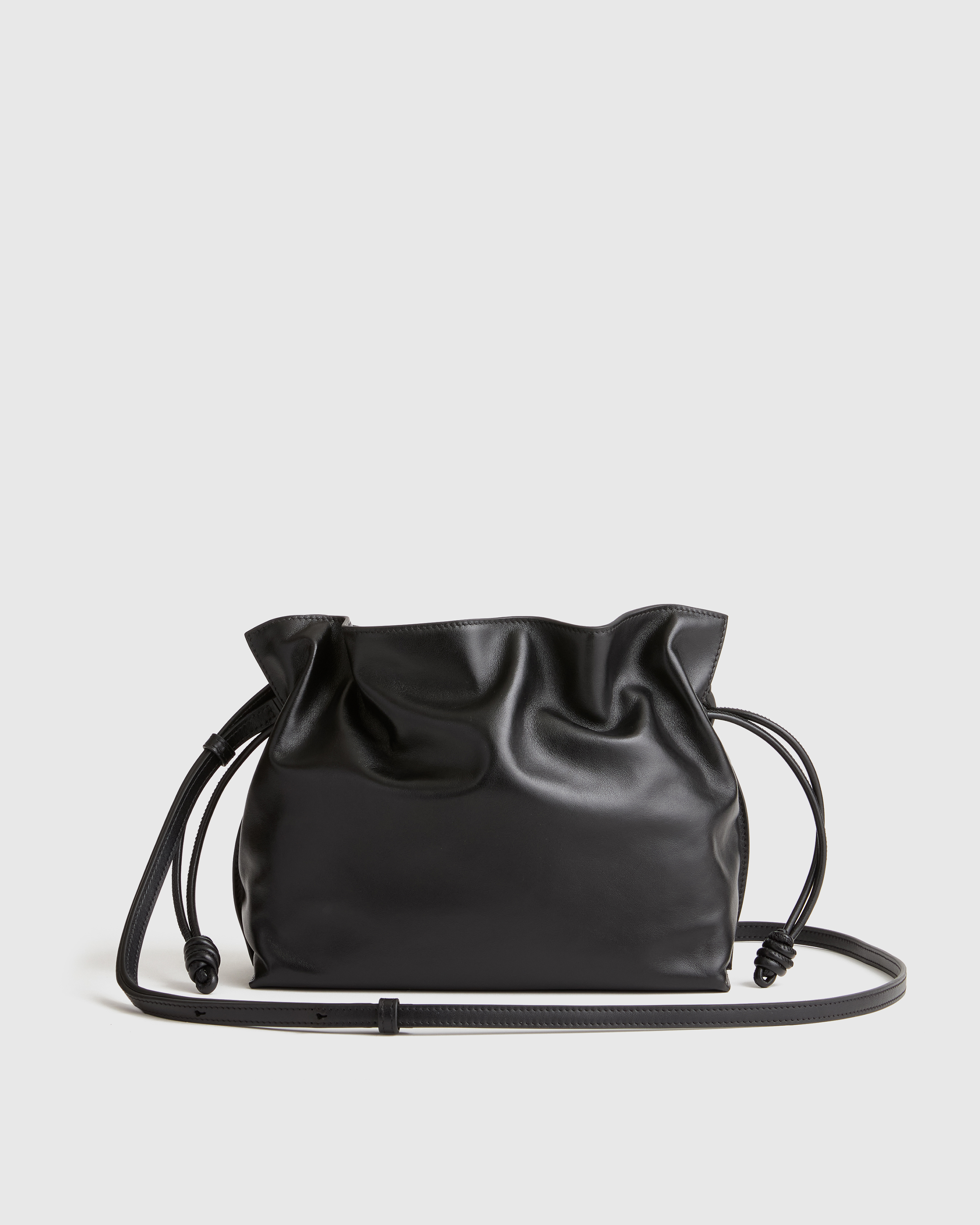 Italian Leather Drawstring Pouch Crossbody in Black