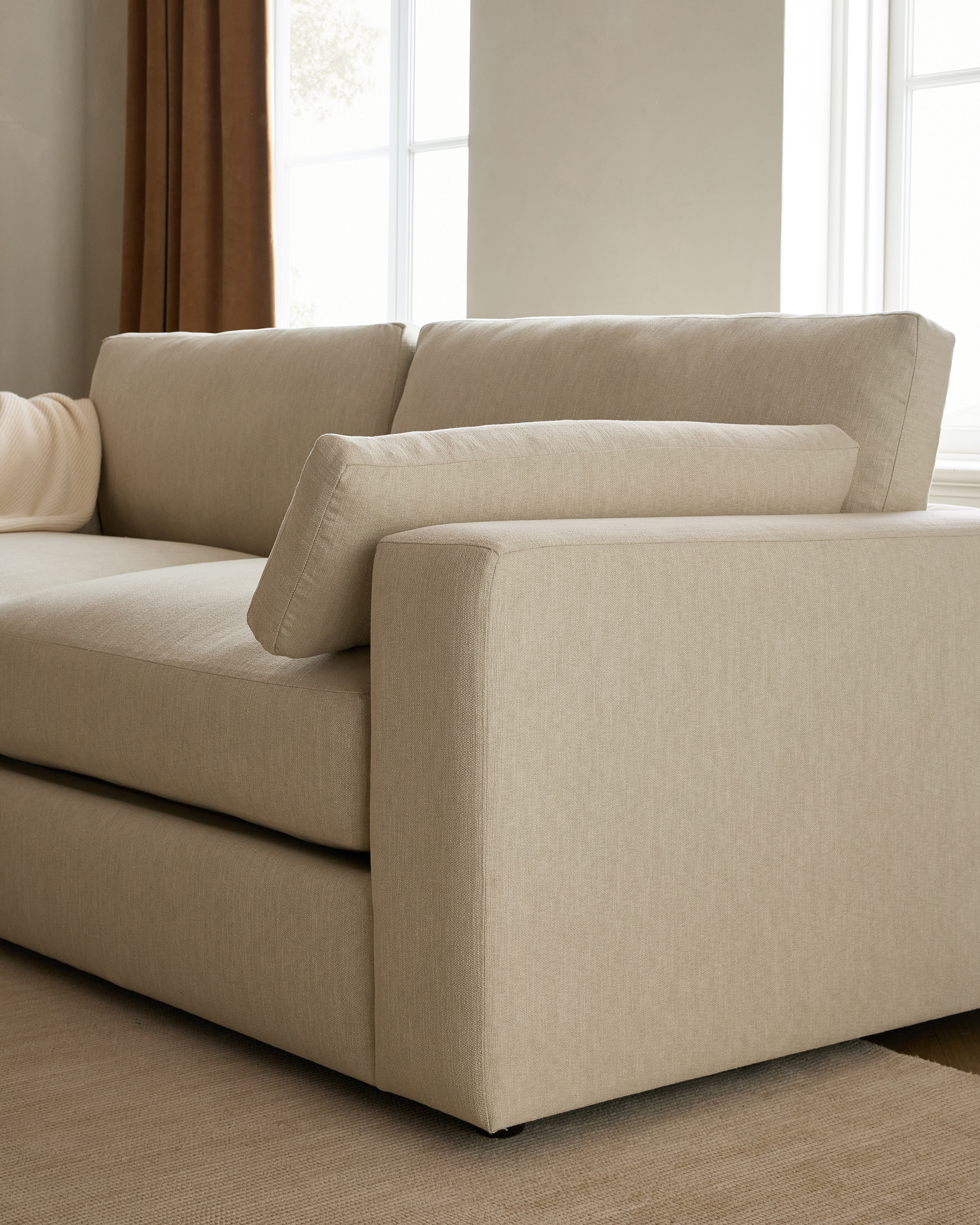 Square Arm Deep Seat Sofa in Performance Velvet in Taupe