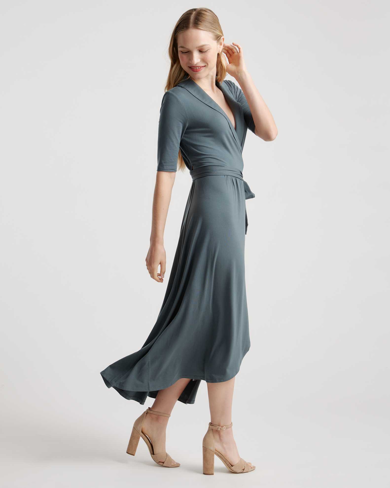 Quince Women's Tencel Jersey Midi Wrap Dress, Dark Olive, Size XS - Eco-Friendly, Comfy, Modern Length, Rounded Collar Quince Women's Tencel Jersey Midi Wrap Dress, Dark Olive, Size XS - Eco-Friendly, Comfy, Modern Length, Rounded Collar