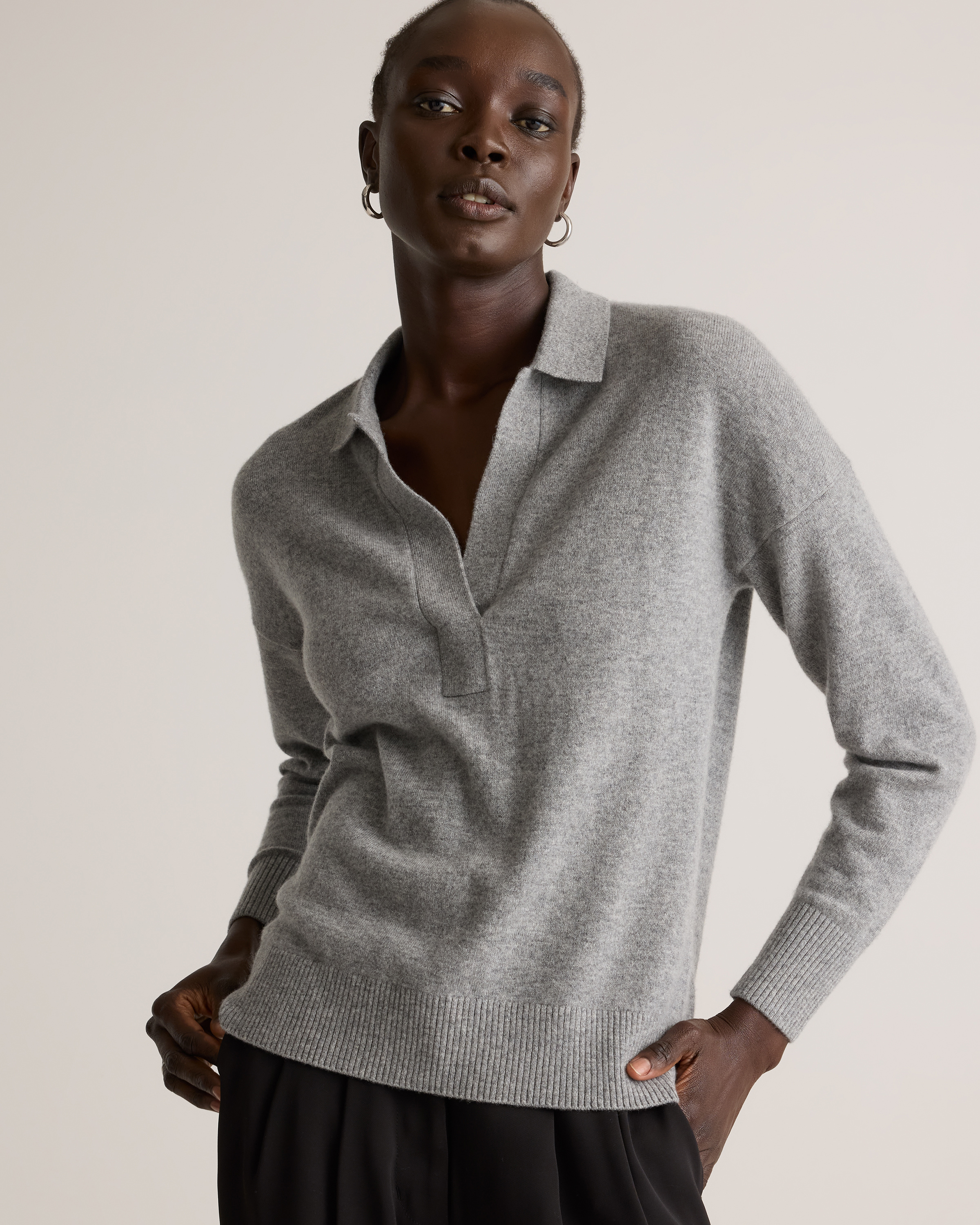 Women's Mongolian Cashmere Polo Sweater in Heather Grey