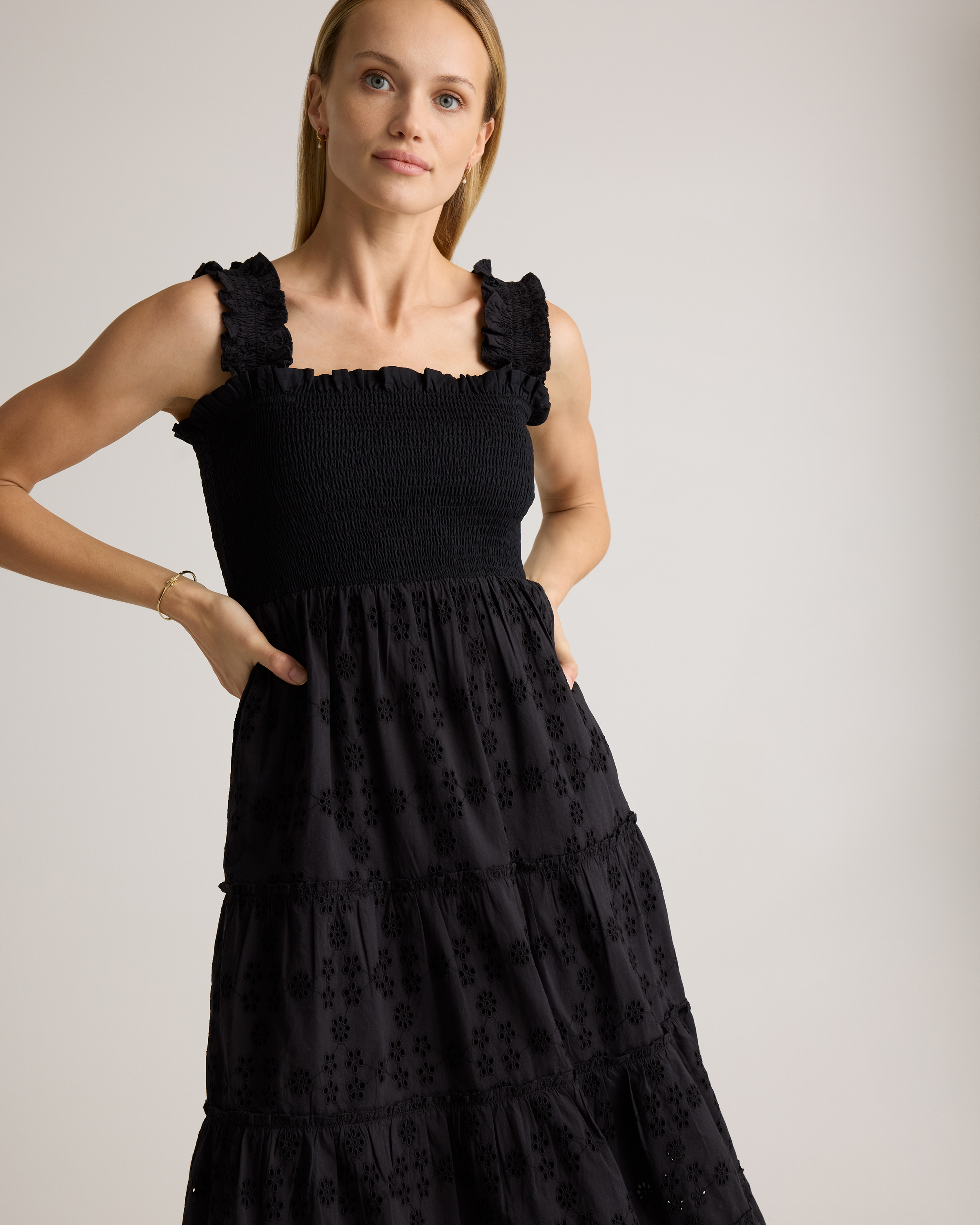 100% Organic Cotton Eyelet Smocked Midi Dress in Black