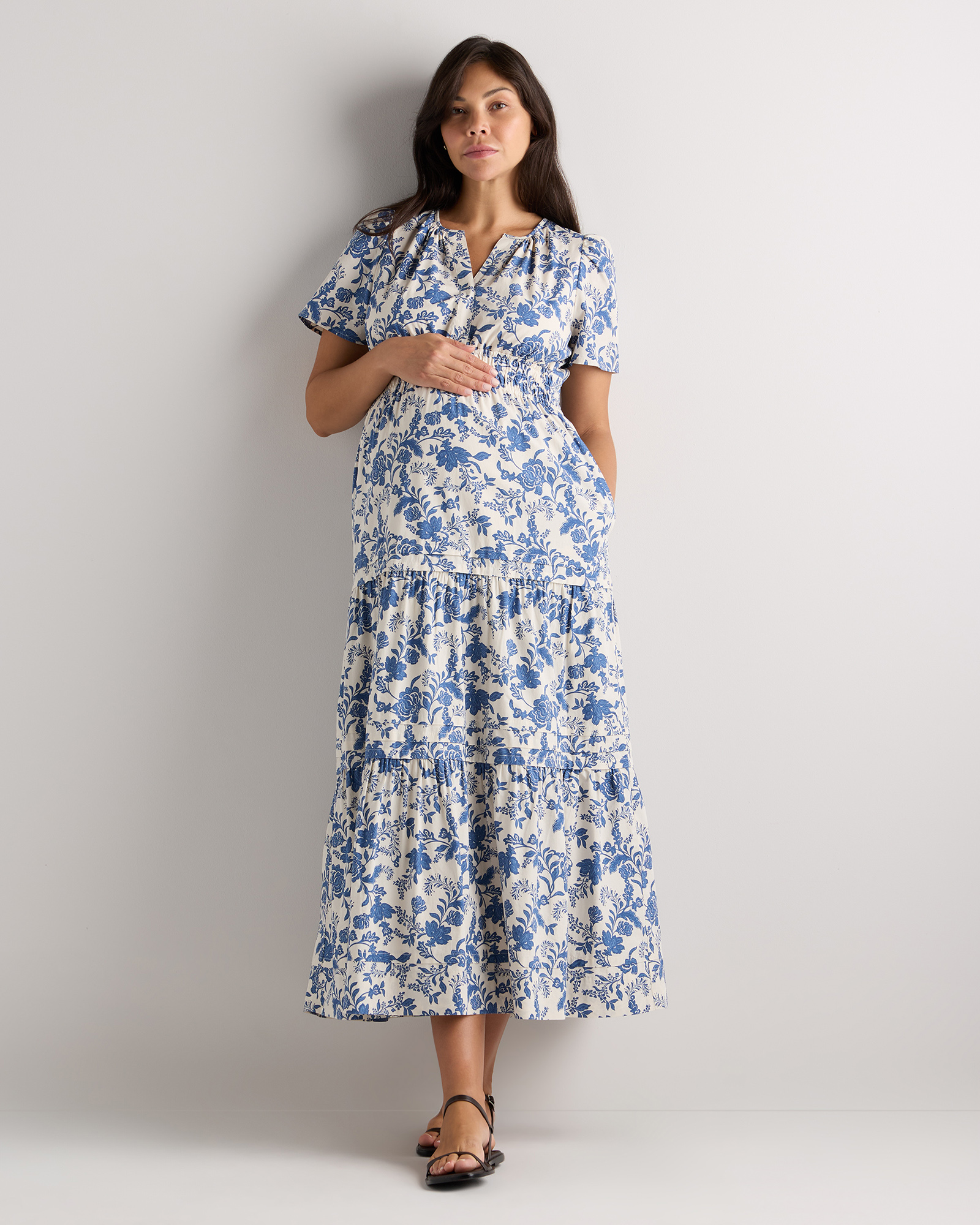Riviera Blue Heirloom Floral 100% Organic Cotton Poplin Maternity Tiered Maxi Dress 