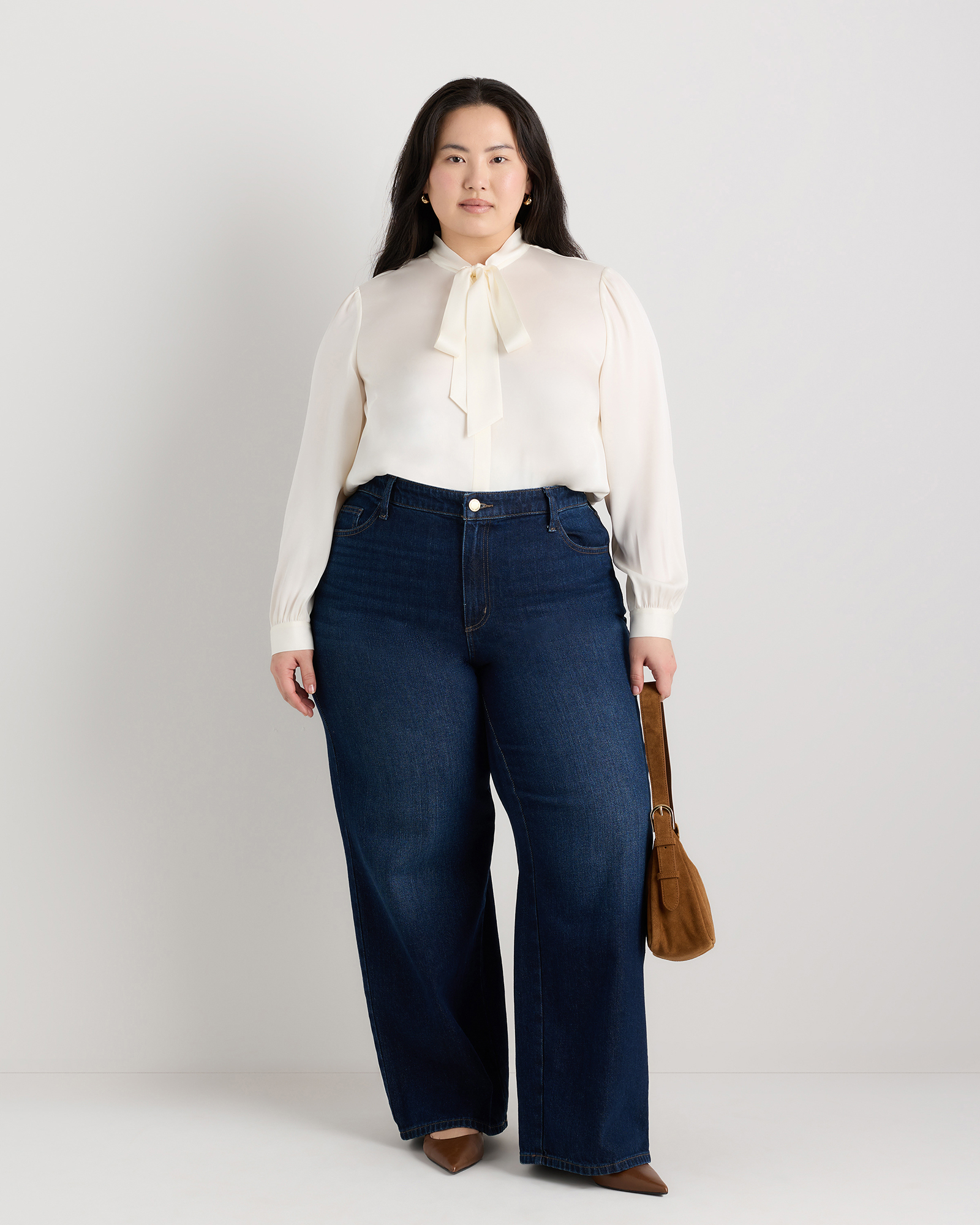 Women's Plus Size Washable Stretch Silk Tie Neck Blouse