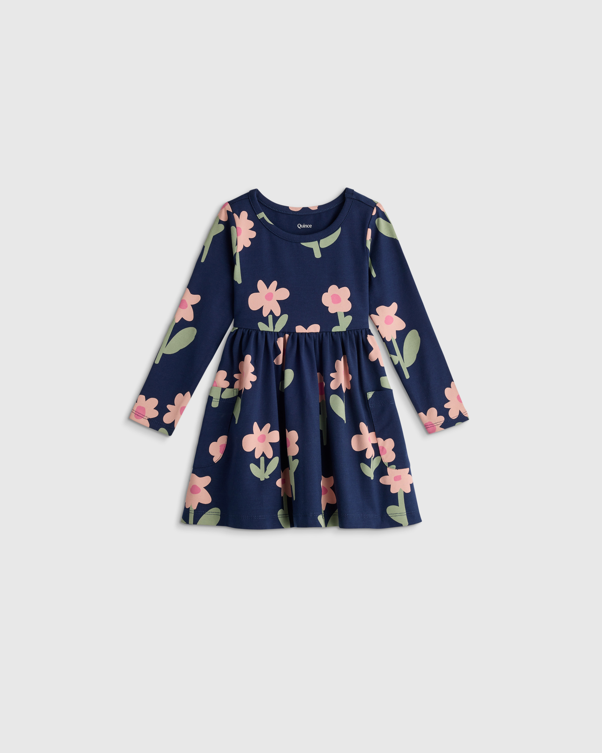 Navy Daisies Organic Cotton Long Sleeve Fit and Flare Pocket Dress